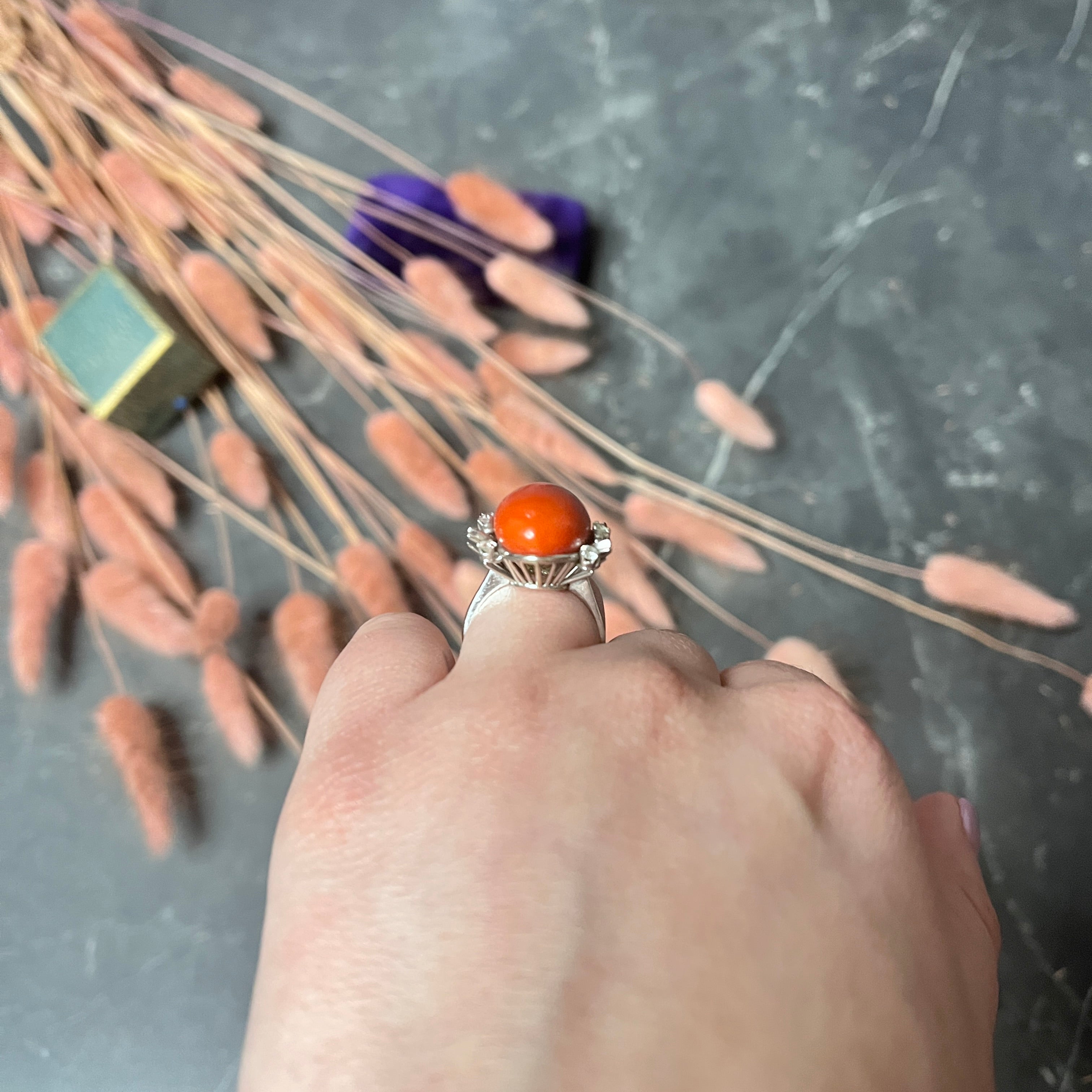 1950's Mid-Century Red Coral Diamond 18 Karat White Gold Cocktail Ring Wilson's Estate Jewelry