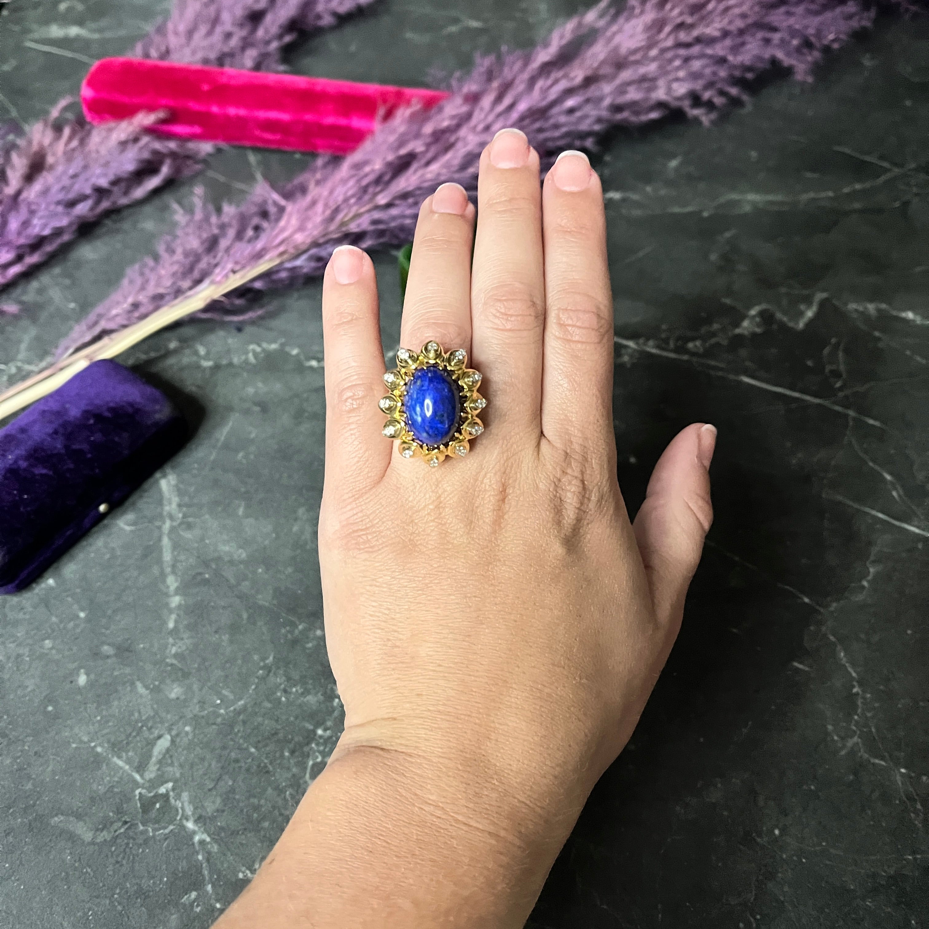 1960's Lapis Diamond 18 Karat Yellow Gold Sculptural Vintage Cocktail Ring Wilson's Estate Jewelry