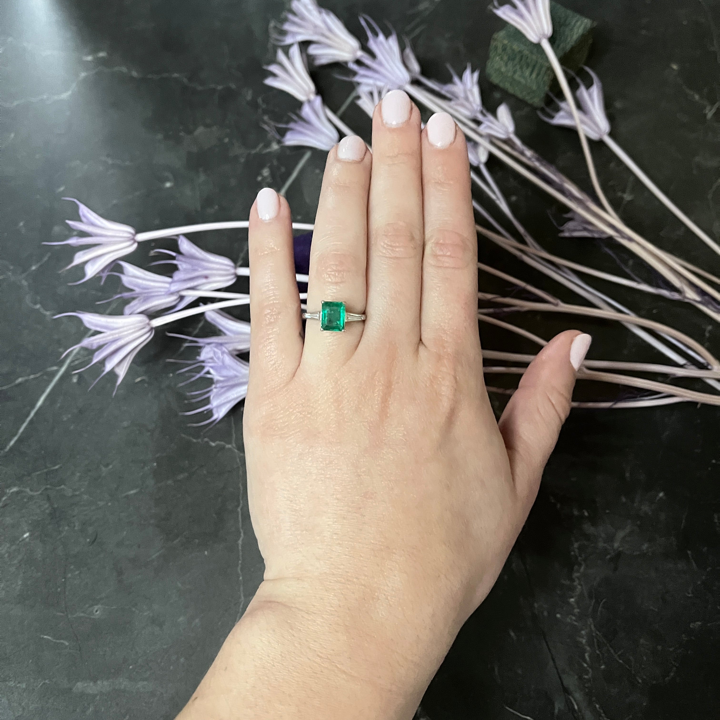 1950's Mid-Century 1.83 CTW Emerald Diamond Platinum Ring Wilson's Estate Jewelry