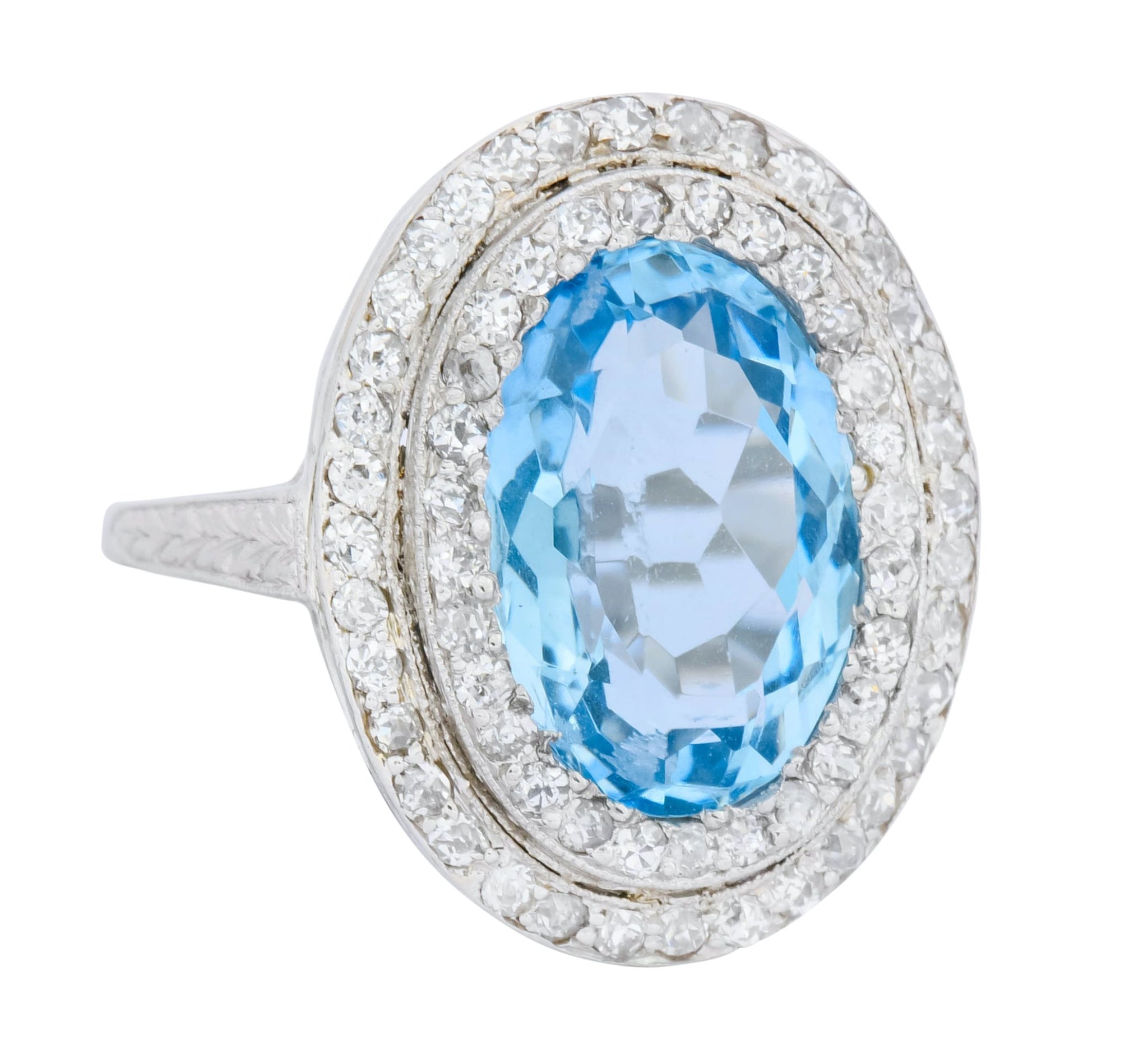 J.E. Caldwell Art Deco 6.40 CTW Aquamarine Diamond Halo Platinum Cluster Ring - Wilson's Estate Jewelry