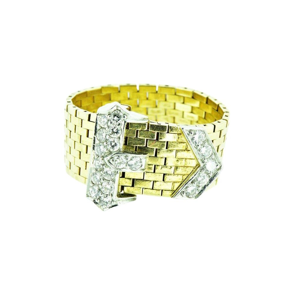 J.E. Caldwell Retro 0.43 CTW Diamond 14 Karat Gold Platinum Buckle Ring Wilson's Estate Jewelry