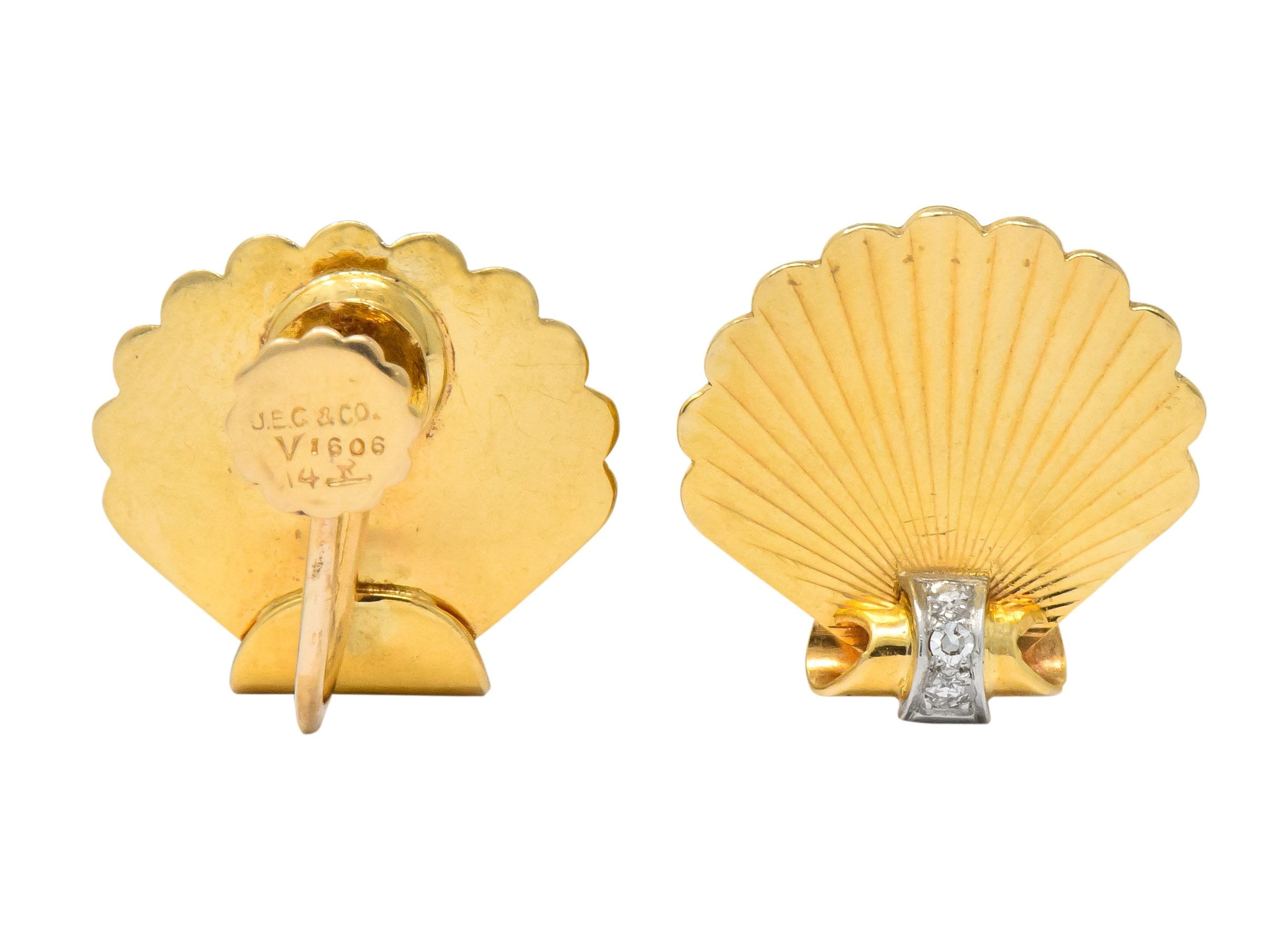 J.E. Caldwell Retro Diamond 14 Karat Gold Seashell Screw Back Earrings Wilson's Estate Jewelry