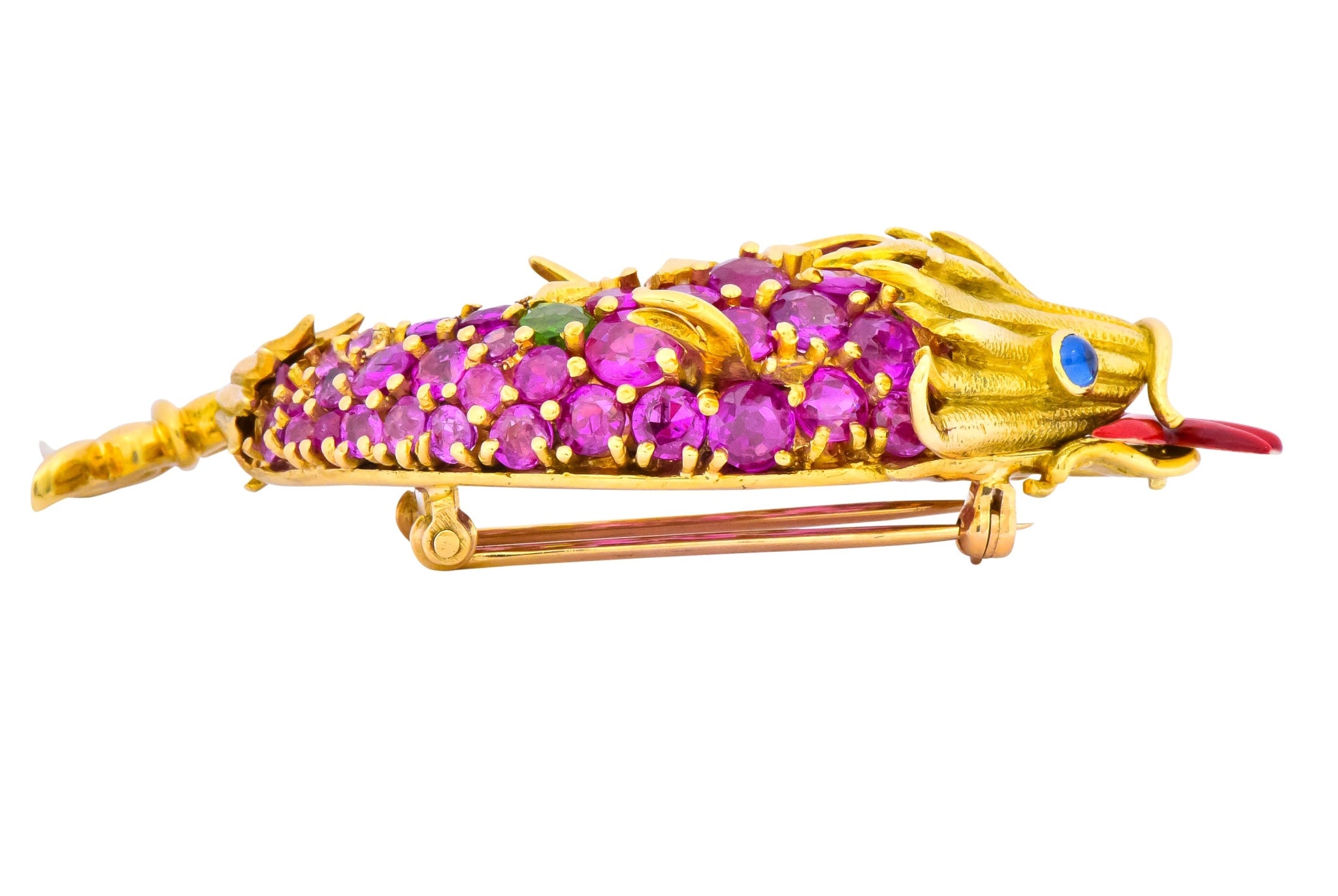 Jean Schlumberger Tiffany & Co. Retro 12.80 CTW Pink Sapphire Demantoid Garnet Enamel 18 Karat Gold Dolphin Fish Brooch - Wilson's Estate Jewelry