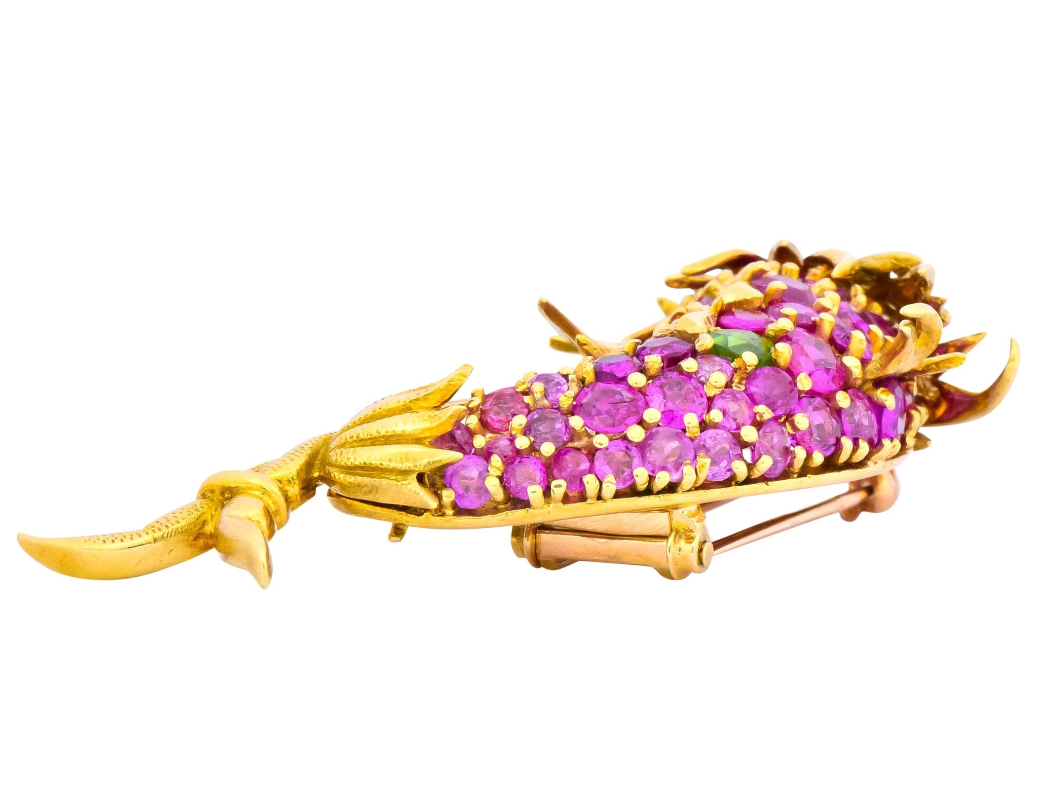 Jean Schlumberger Tiffany & Co. Retro 12.80 CTW Pink Sapphire Demantoid Garnet Enamel 18 Karat Gold Dolphin Fish Brooch - Wilson's Estate Jewelry