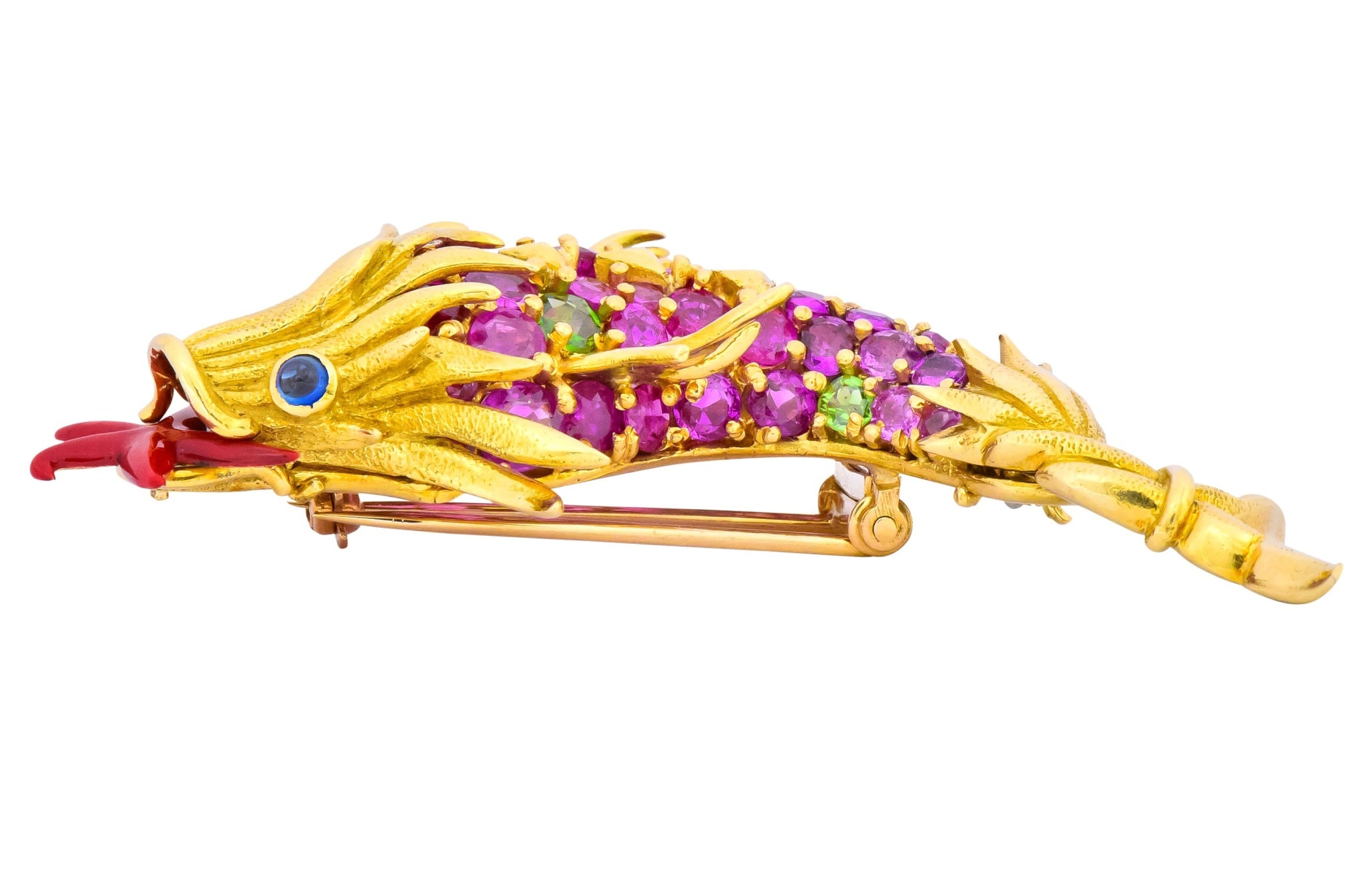 Jean Schlumberger Tiffany & Co. Retro 12.80 CTW Pink Sapphire Demantoid Garnet Enamel 18 Karat Gold Dolphin Fish Brooch - Wilson's Estate Jewelry