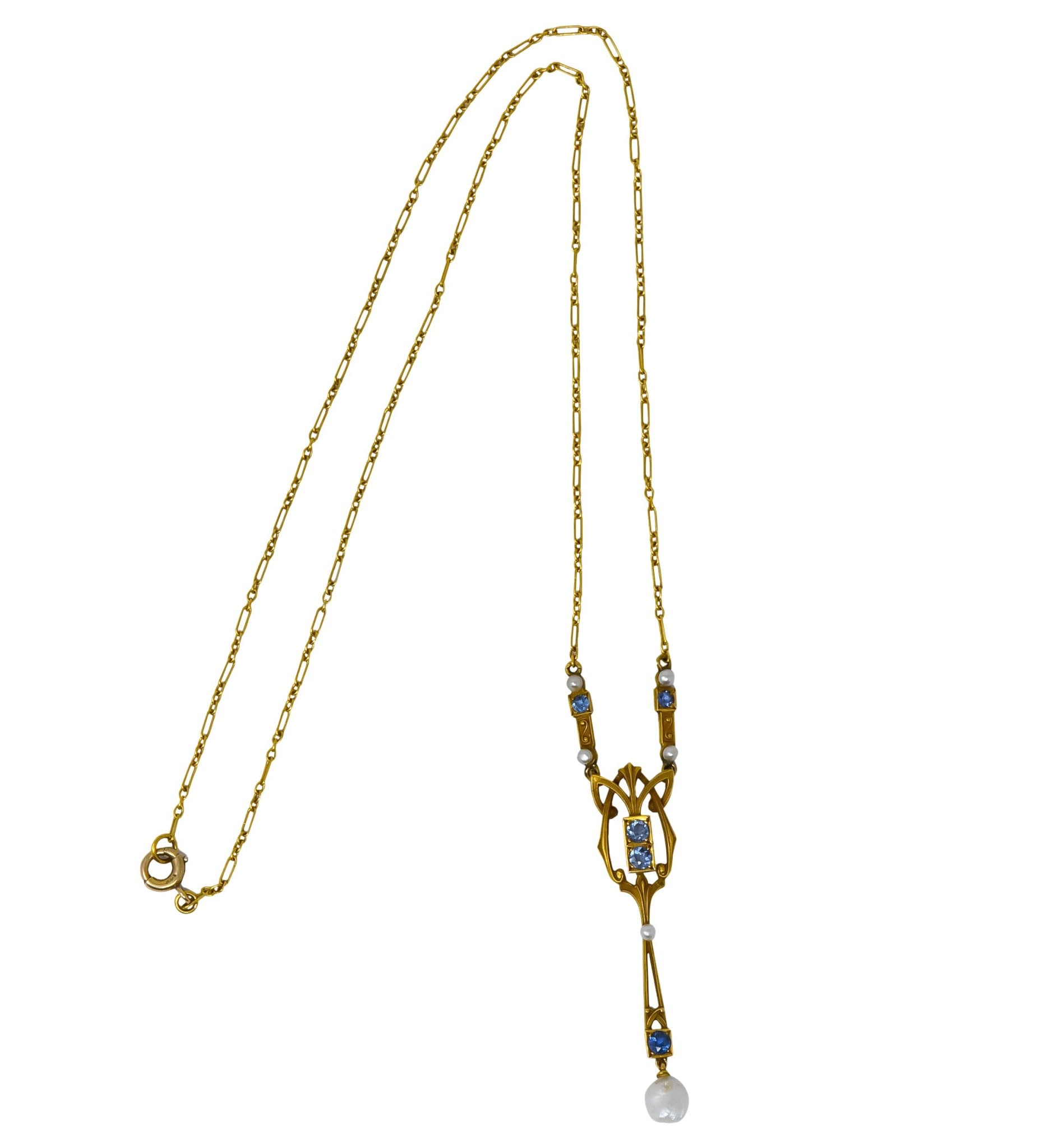 Krementz Art Nouveau 1.34 CTW Sapphire Pearl 14 Karat Gold Necklace - Wilson's Estate Jewelry