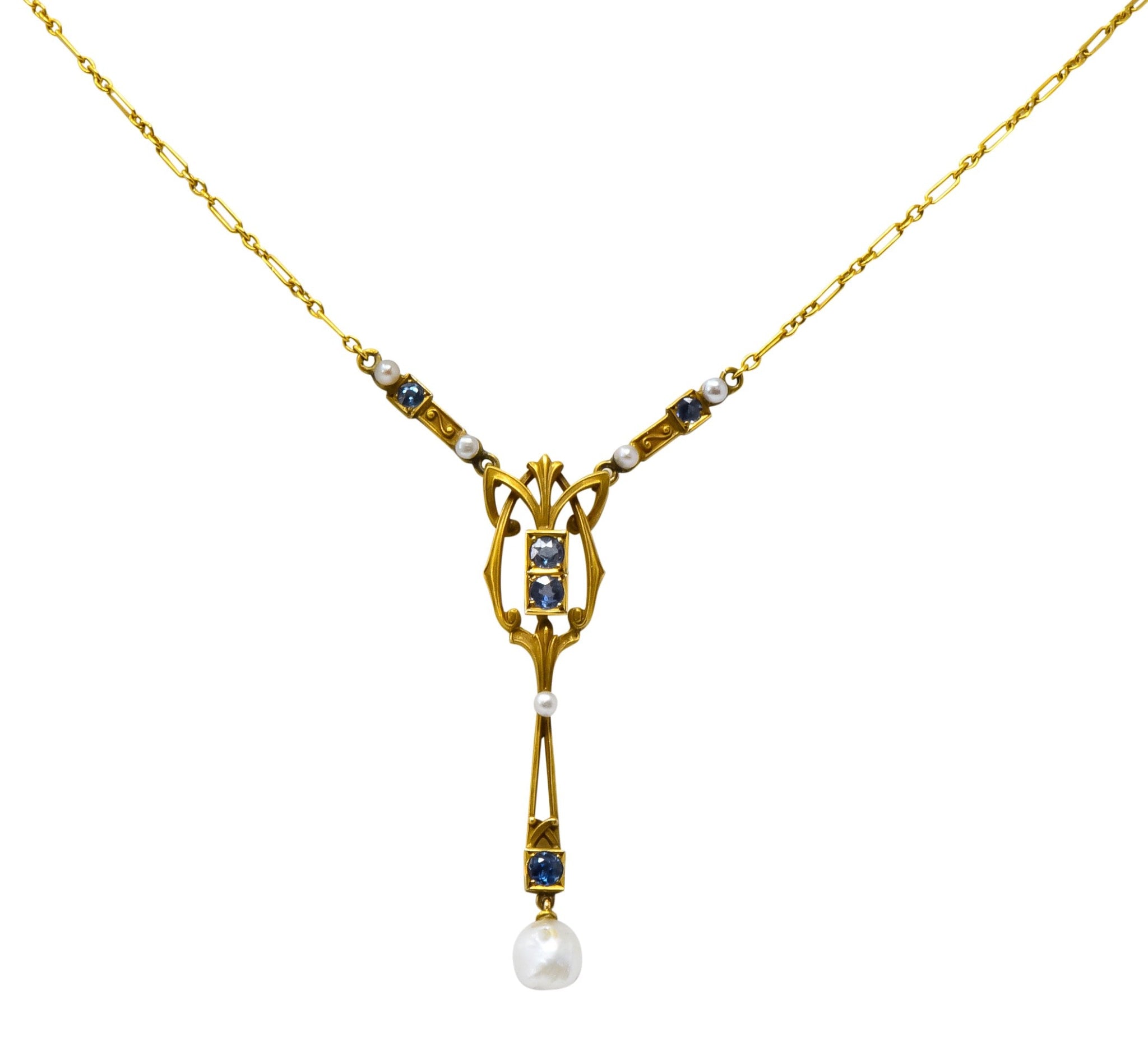 Krementz Art Nouveau 1.34 CTW Sapphire Pearl 14 Karat Gold Necklace - Wilson's Estate Jewelry