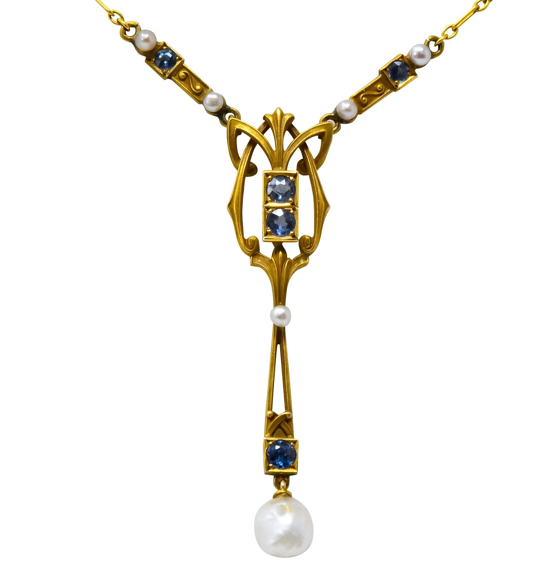 Krementz Art Nouveau 1.34 CTW Sapphire Pearl 14 Karat Gold Necklace - Wilson's Estate Jewelry