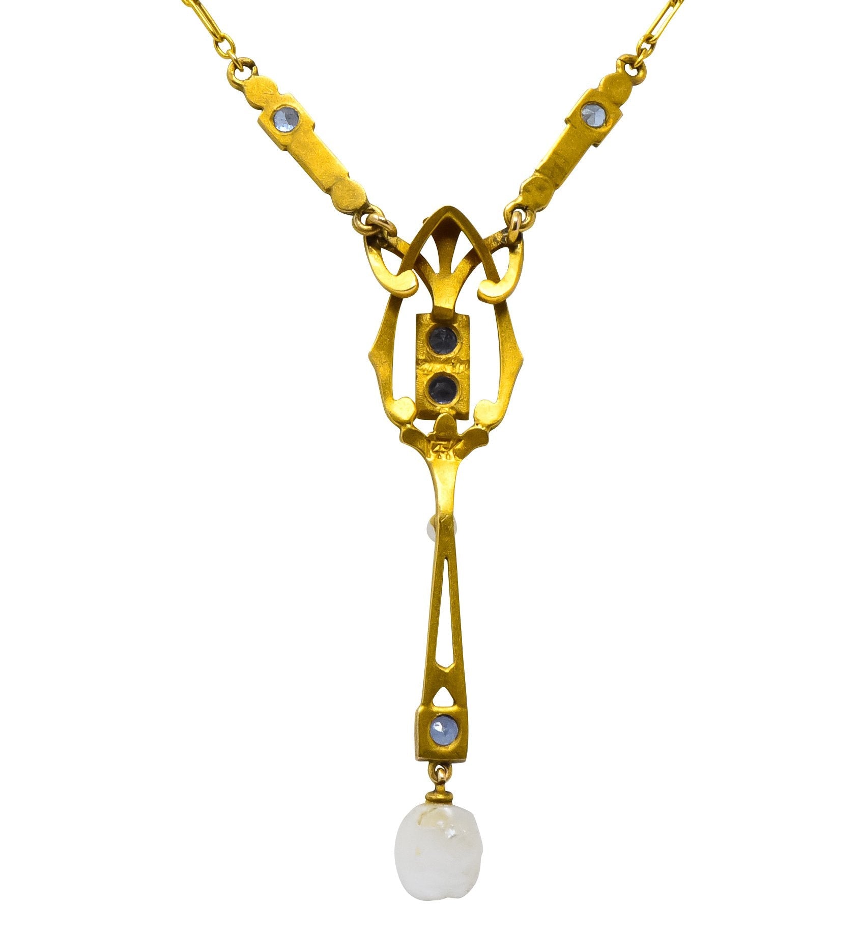 Krementz Art Nouveau 1.34 CTW Sapphire Pearl 14 Karat Gold Necklace - Wilson's Estate Jewelry