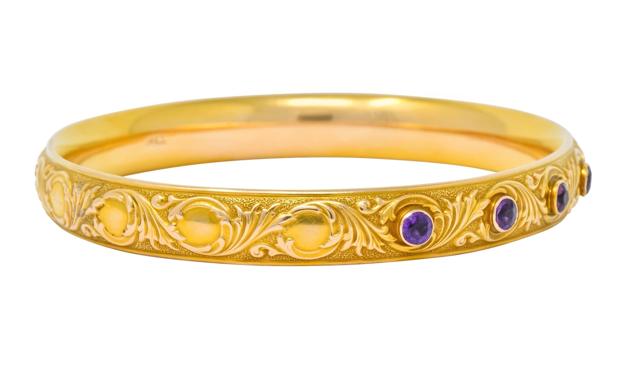 Krementz Art Nouveau Amethyst 14 Karat Gold Engraved Bangle Bracelet Circa 1900 - Wilson's Estate Jewelry