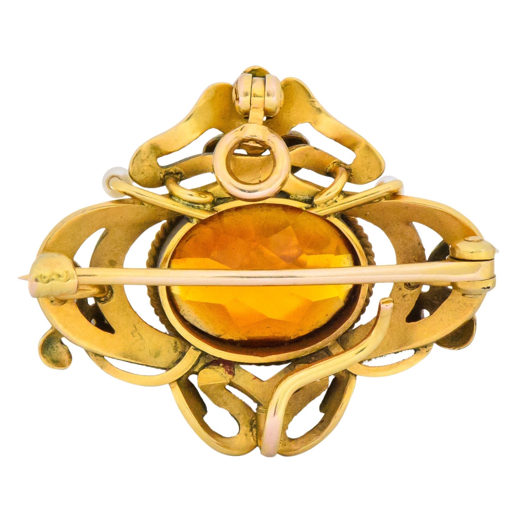 Krementz Art Nouveau Citrine Enamel Pearl 14 Karat Gold Pendant/Brooch Wilson's Estate Jewelry