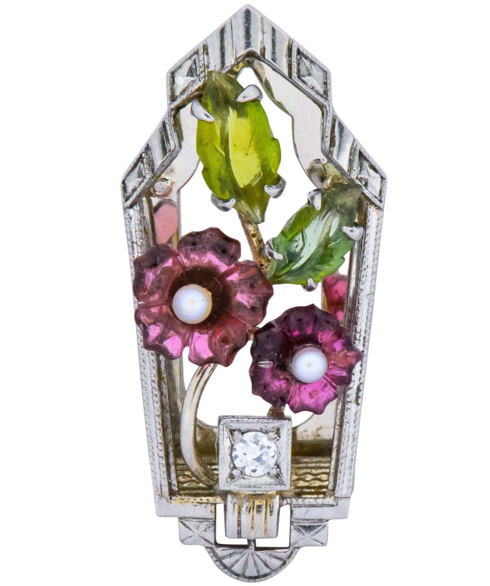 Krementz Art Nouveau Diamond Garnet Tourmaline Pearl 14 Karat White Gold Clip Pins - Wilson's Estate Jewelry