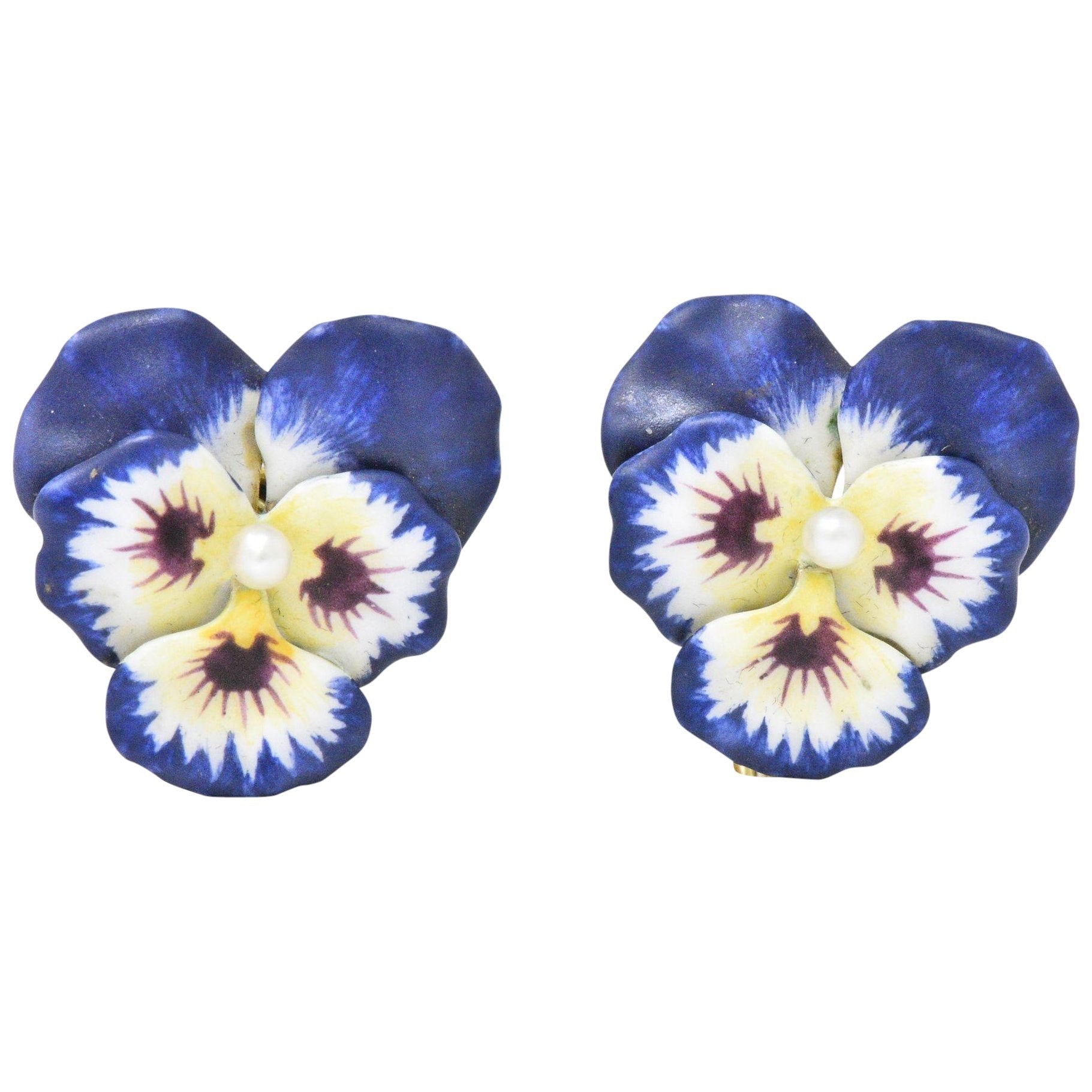 Krementz Enamel Seed Pearl And 14 Karat Gold Pansy Earrings Wilson's Estate Jewelry