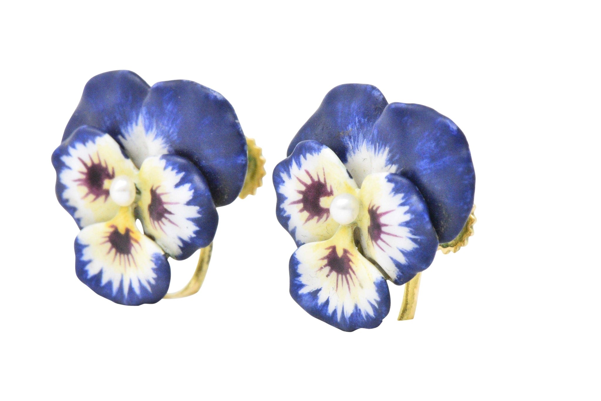 Krementz Enamel Seed Pearl And 14 Karat Gold Pansy Earrings Wilson's Estate Jewelry