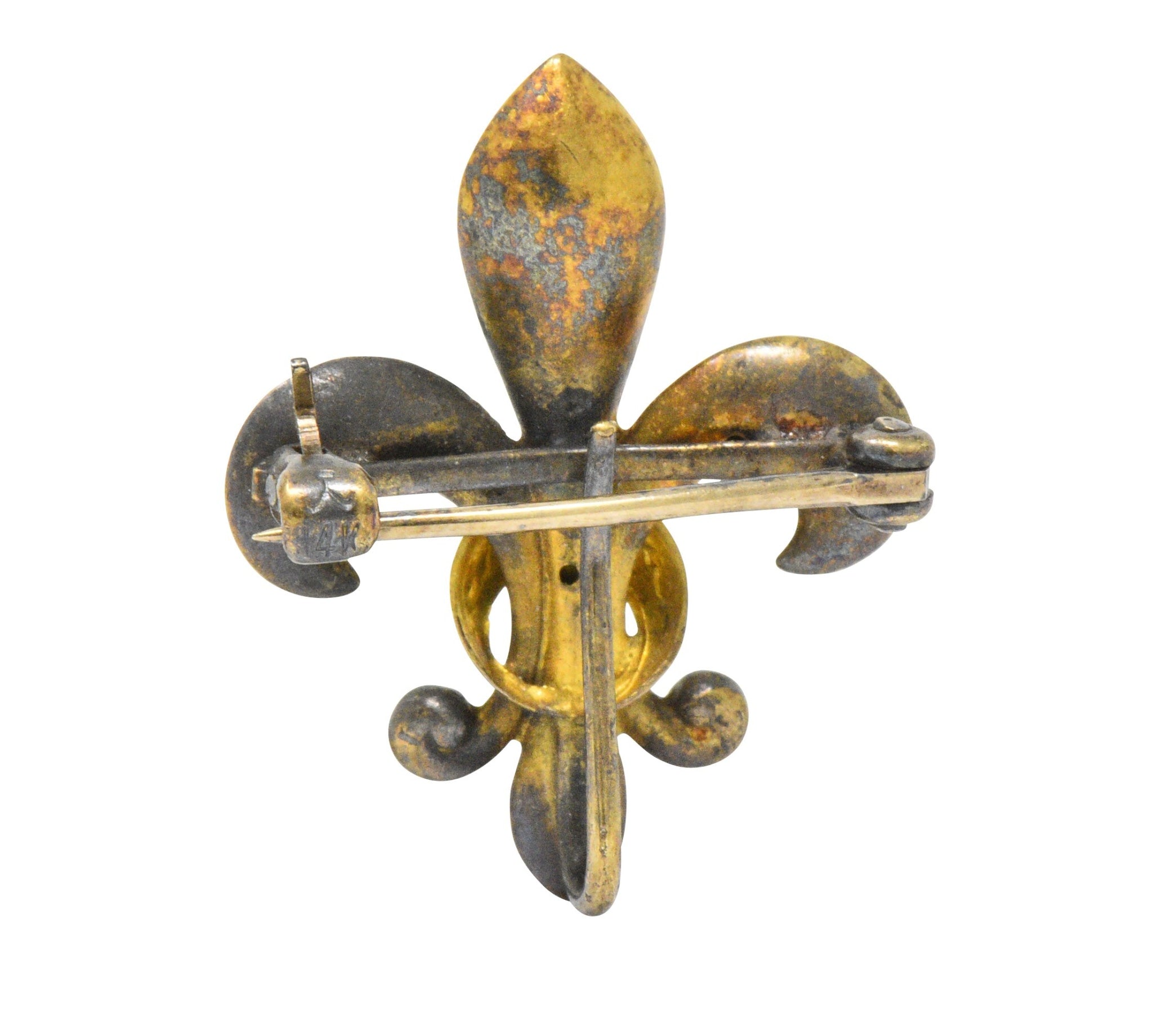 Krementz Victorian Diamond Enamel 14 Karat Gold Fleur-De-Lis Pin Brooch Wilson's Estate Jewelry