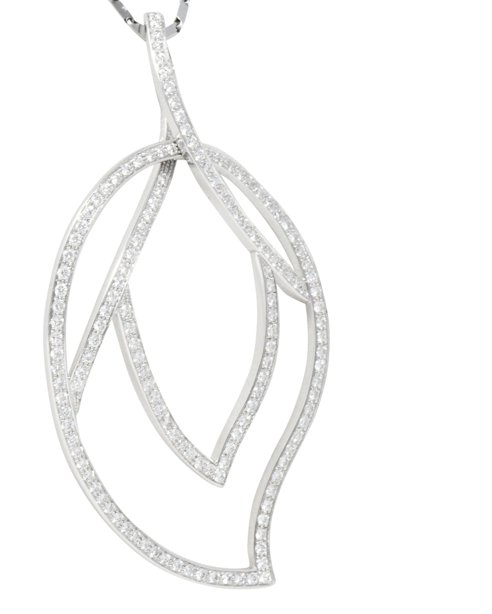 Large Piaget 3.15 CTW Diamond 18 Karat White Gold Leaf Pendant With Chain Wilson's Estate Jewelry