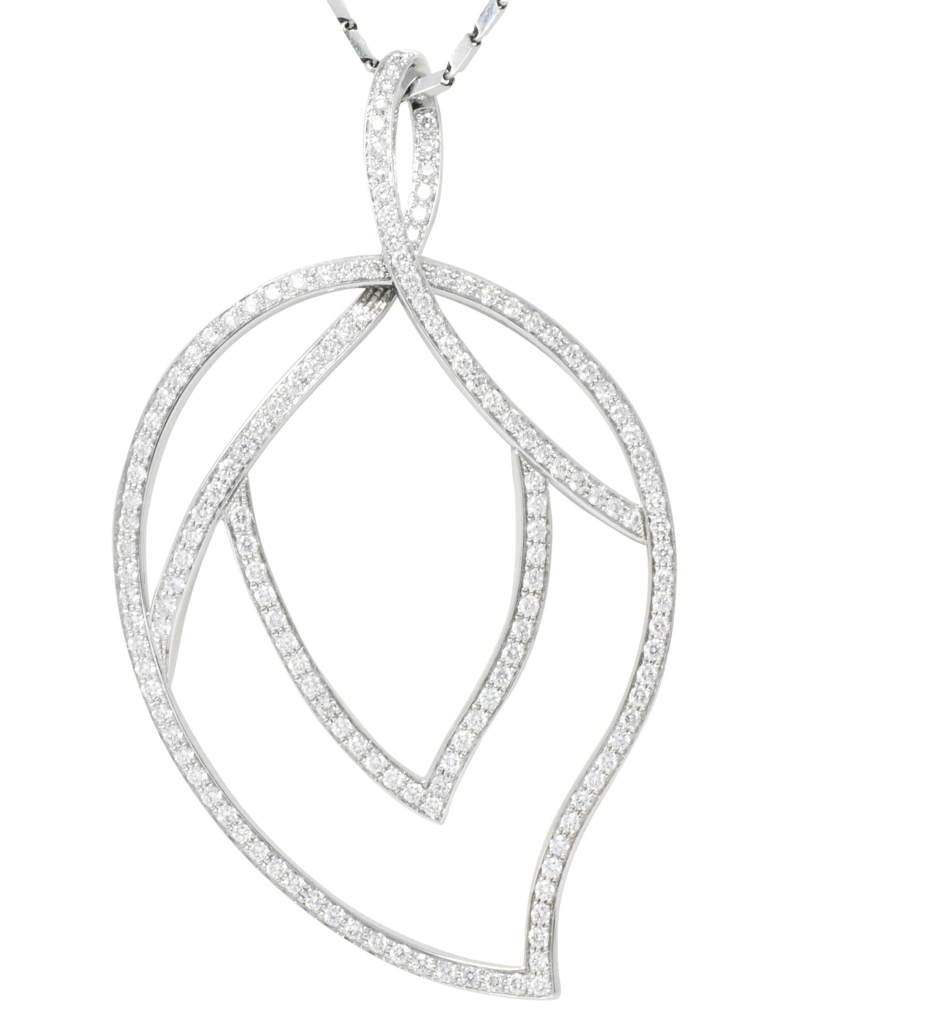 Large Piaget 3.15 CTW Diamond 18 Karat White Gold Leaf Pendant With Chain Wilson's Estate Jewelry