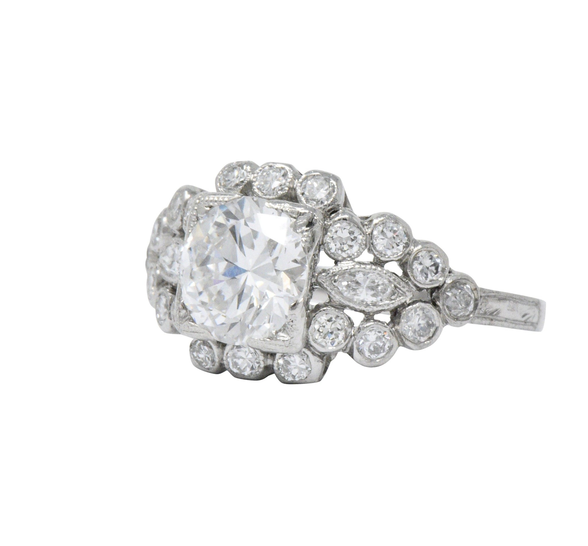 Late Art Deco 1.69 CTW Diamond Platinum Cluster Engagement Ring GIA Wilson's Estate Jewelry