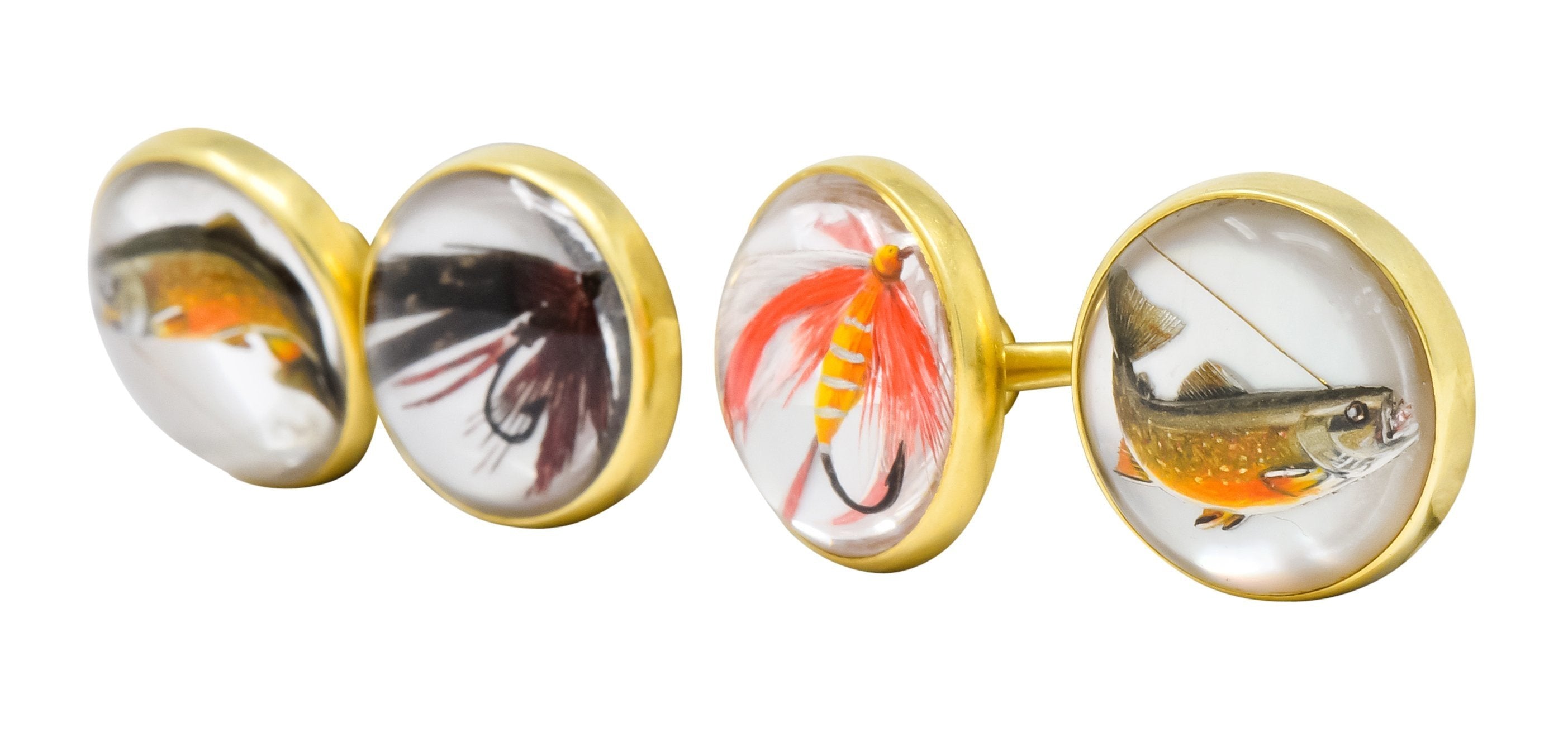 Marcus & Co. Victorian Painted Carved Rock Crystal 14 Karat Gold Men's Fishing Cufflinks - Wilson's Estate Jewelry