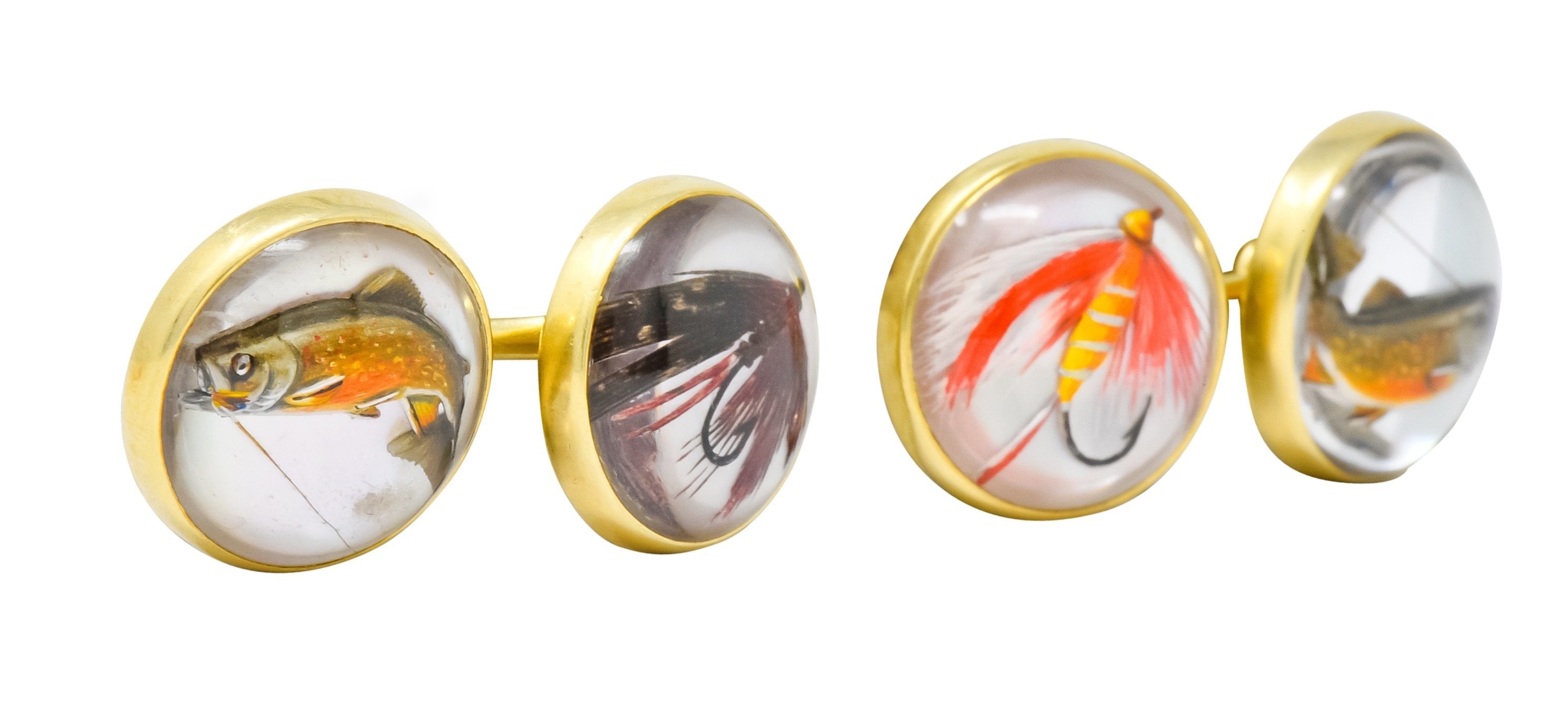 Marcus & Co. Victorian Painted Carved Rock Crystal 14 Karat Gold Men's Fishing Cufflinks - Wilson's Estate Jewelry