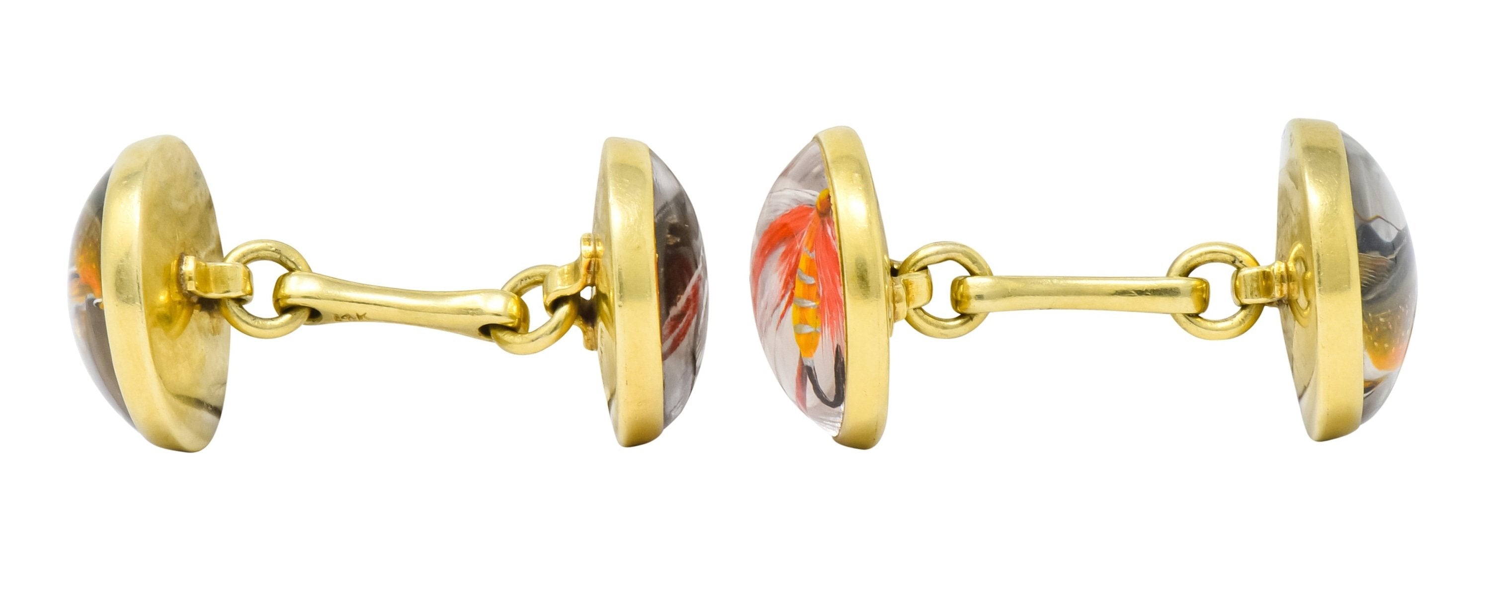 Marcus & Co. Victorian Painted Carved Rock Crystal 14 Karat Gold Men's Fishing Cufflinks - Wilson's Estate Jewelry