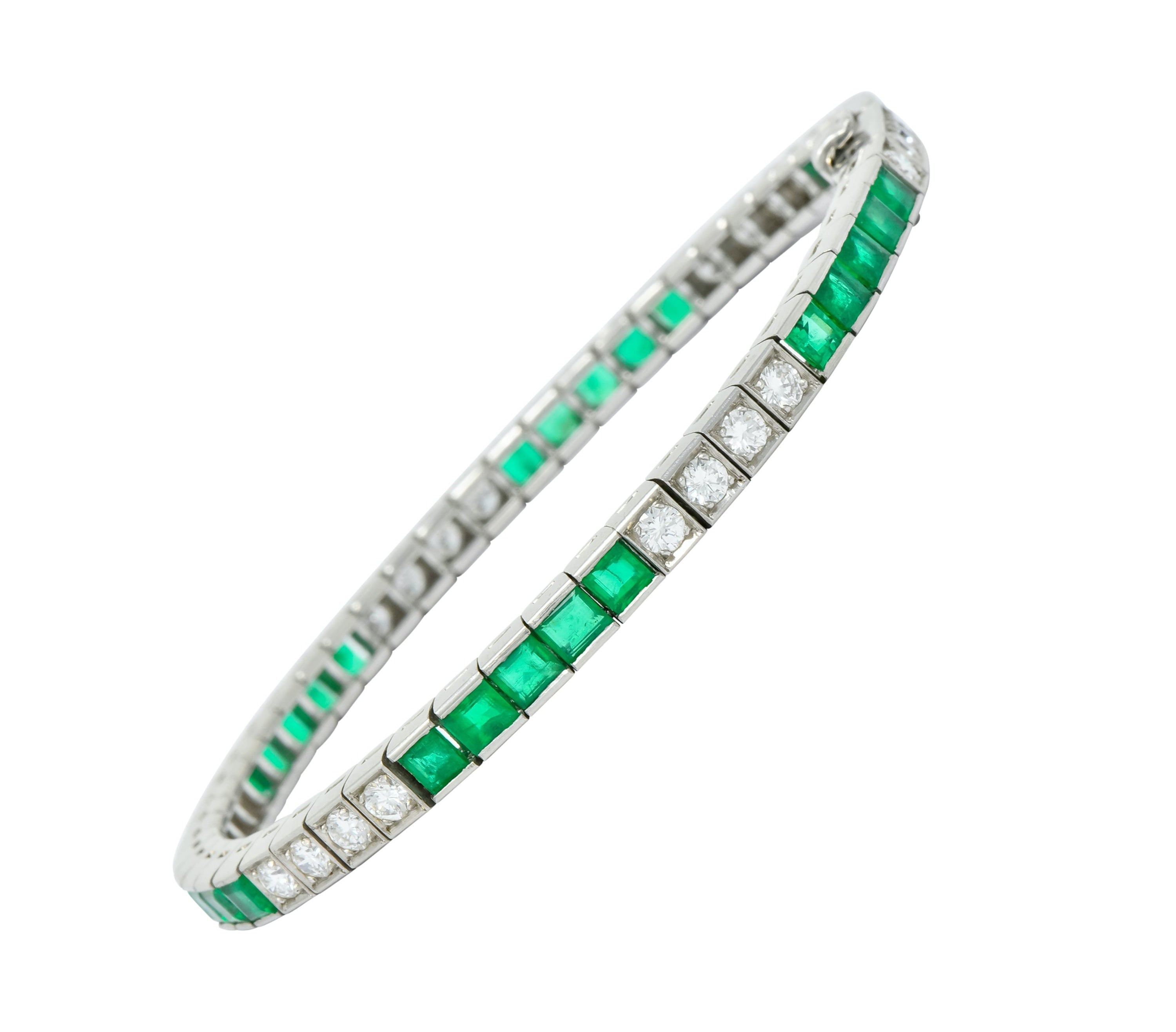 Mid-Century 6.06 CTW Diamond Emerald Platinum Tennis Line Bracelet - Wilson's Estate Jewelry