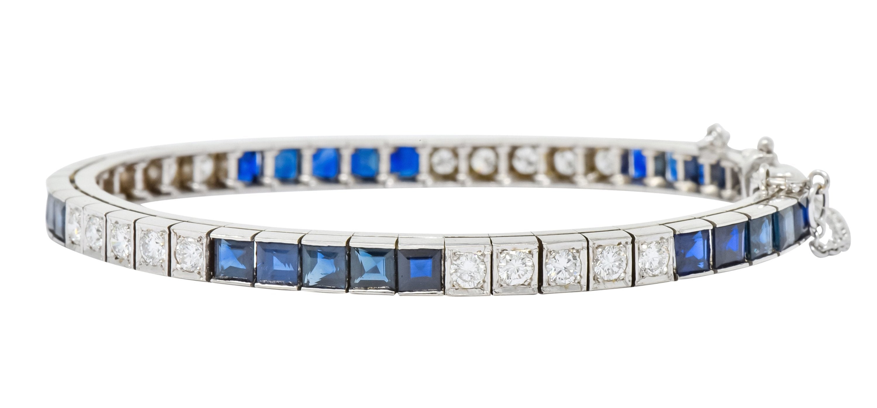 Mid-Century 7.00 CTW Diamond Sapphire 14 Karat White Gold Line Bracelet Circa 1950s - Wilson's Estate Jewelry