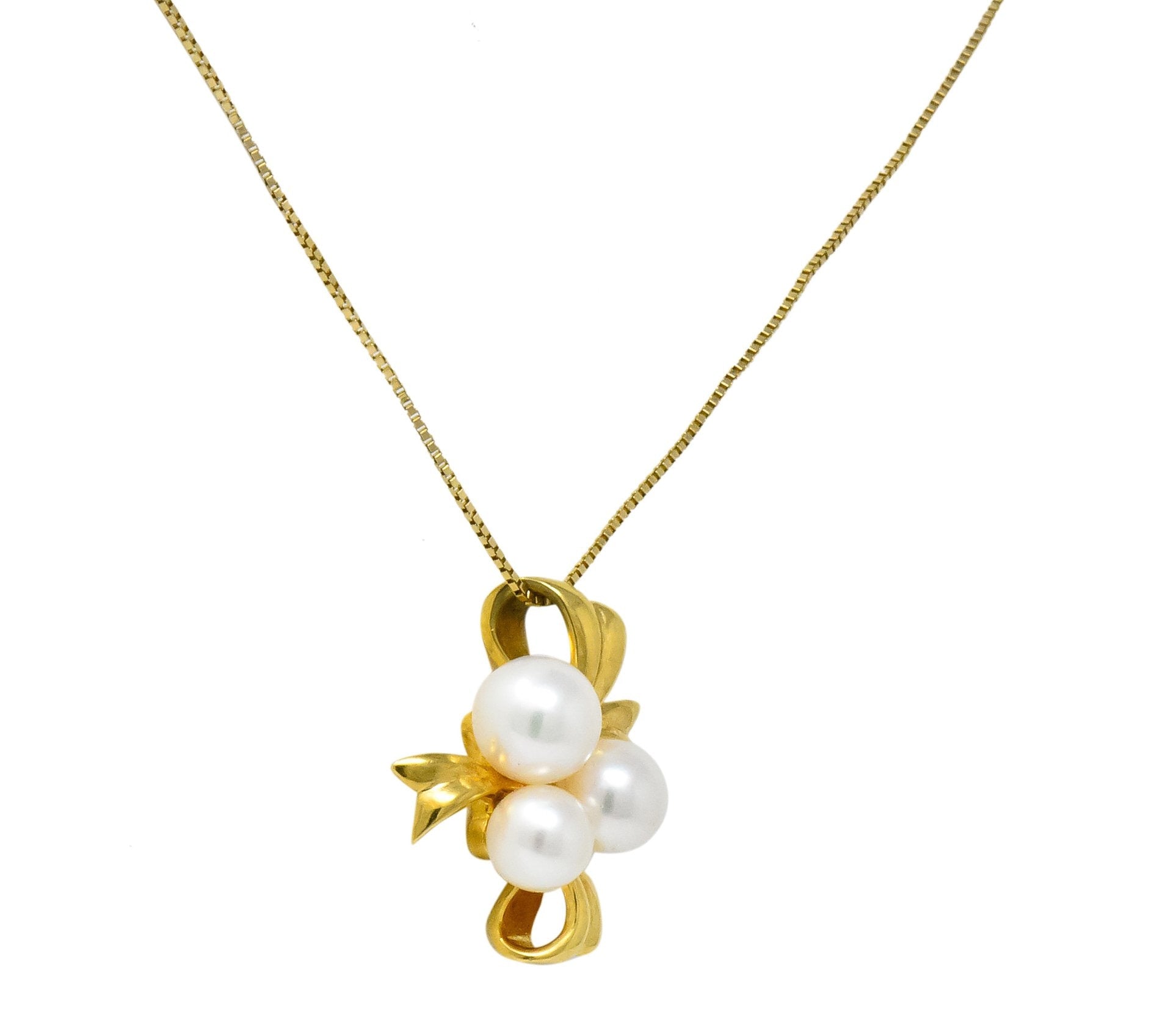 Mikimoto Cultured Pearl 18 Karat Gold Ribbon Pendant Necklace - Wilson's Estate Jewelry