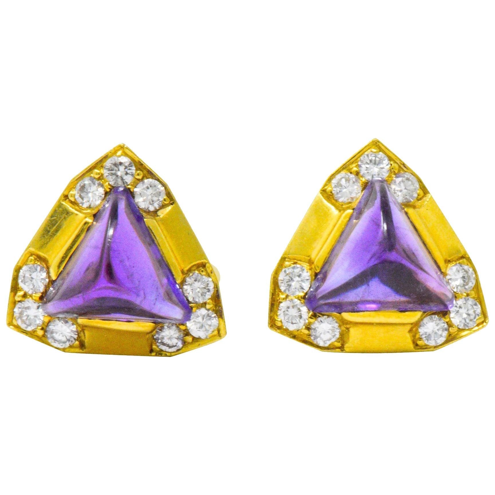 Modern 0.55 CTW Amethyst Diamond 18 Karat Gold Ear-Clips Earrings Wilson's Estate Jewelry