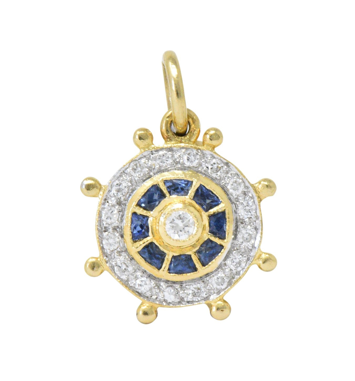 Modern 1980's 0.30 CTW Diamond Sapphire 18 Karat Gold Ship's Wheel Charm Wilson's Estate Jewelry