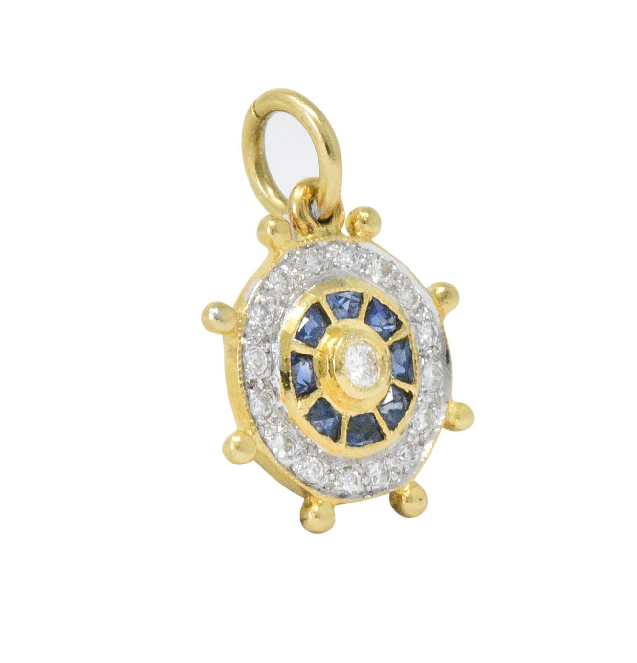 Modern 1980's 0.30 CTW Diamond Sapphire 18 Karat Gold Ship's Wheel Charm Wilson's Estate Jewelry