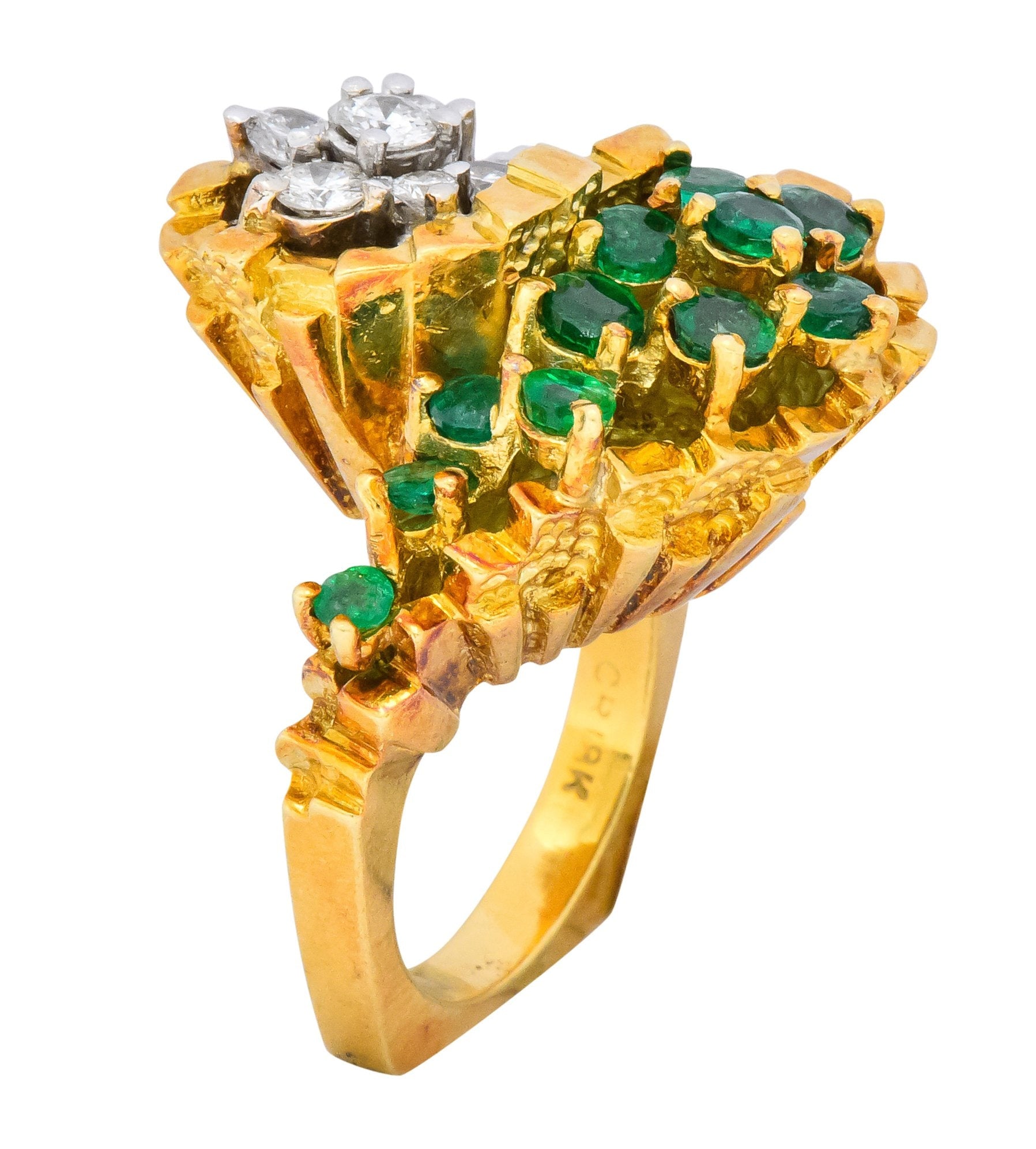 Modernist 2.20 CTW Diamond Emerald 18 Karat Gold Bypass Cocktail Ring - Wilson's Estate Jewelry