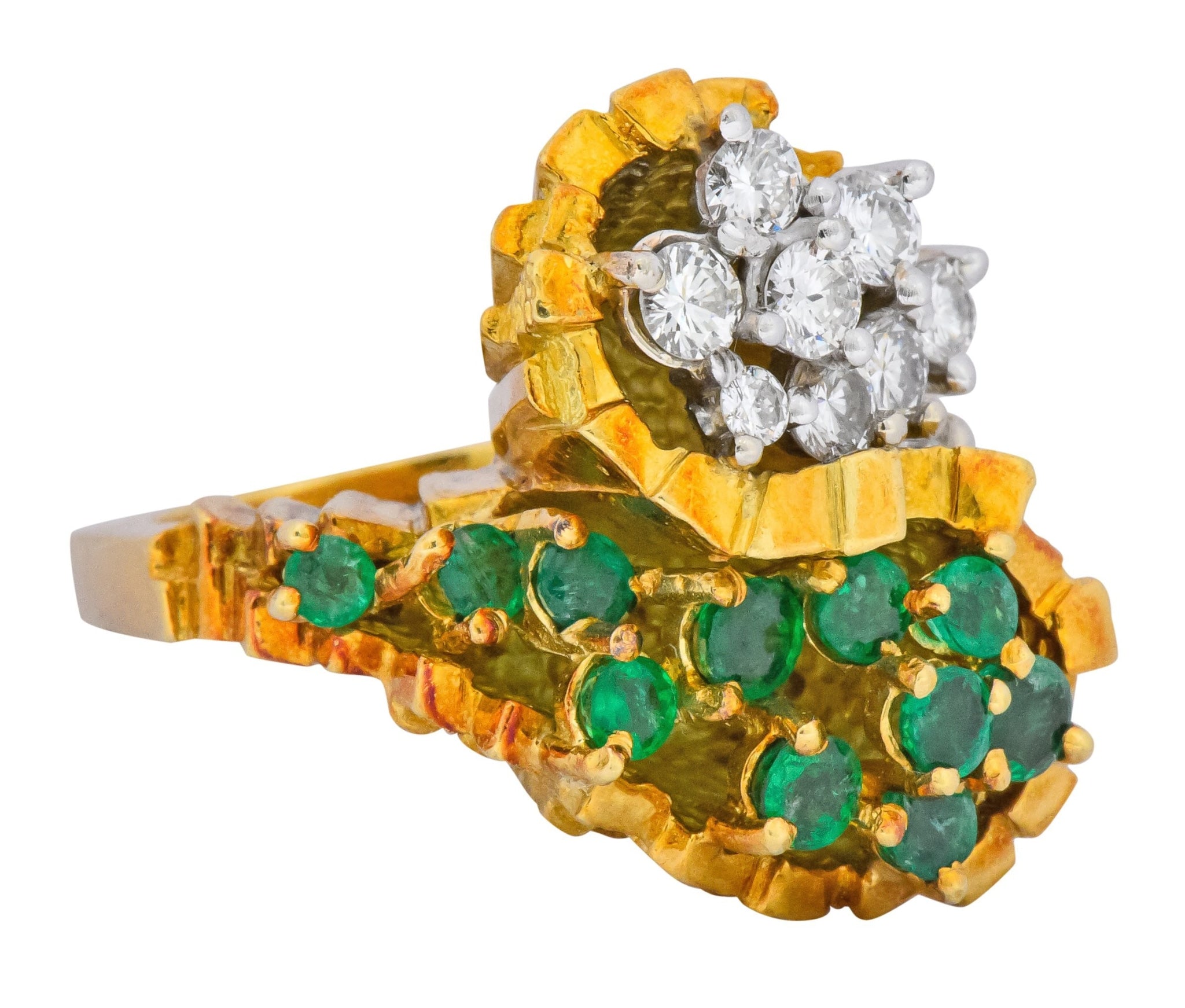 Modernist 2.20 CTW Diamond Emerald 18 Karat Gold Bypass Cocktail Ring - Wilson's Estate Jewelry