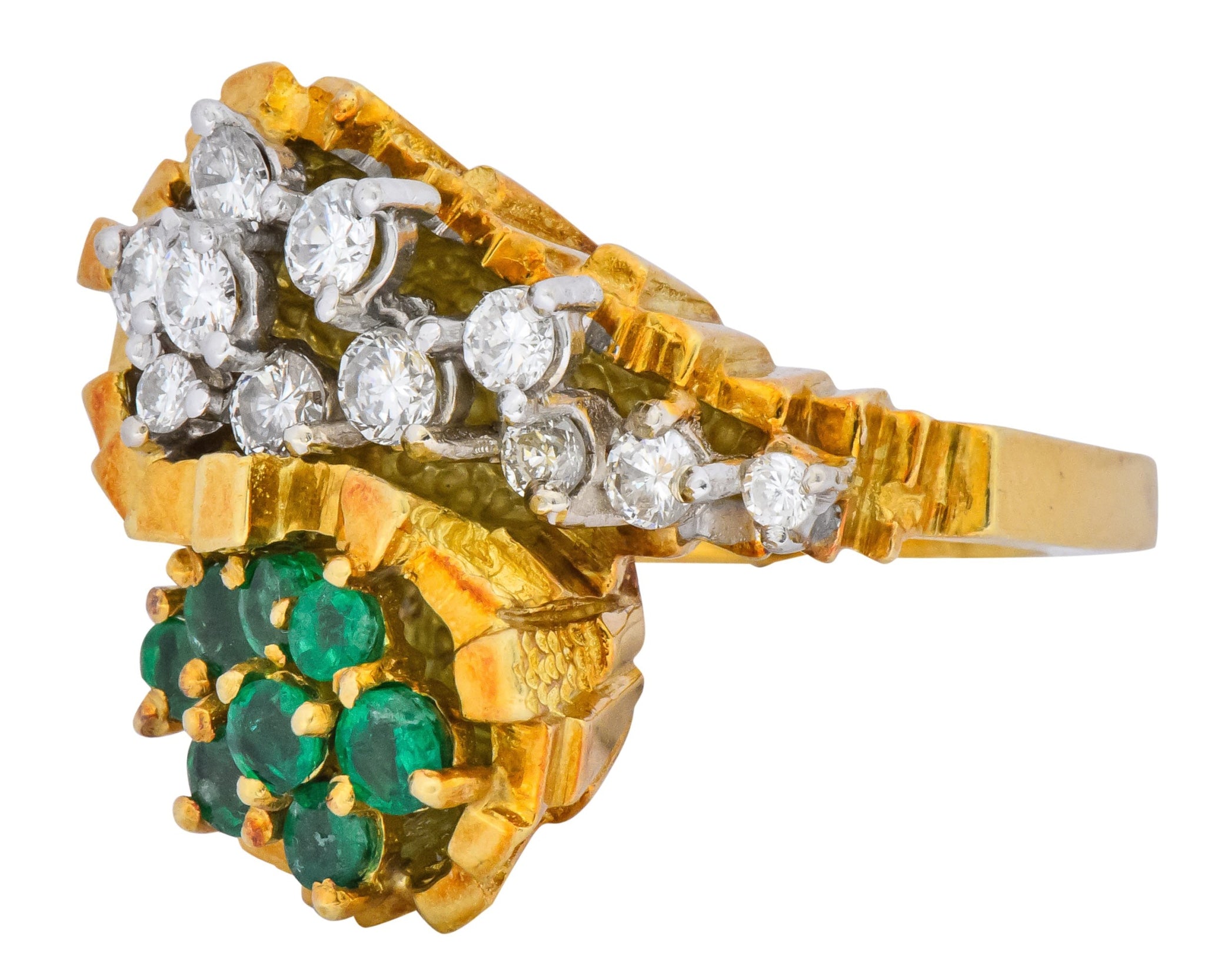 Modernist 2.20 CTW Diamond Emerald 18 Karat Gold Bypass Cocktail Ring - Wilson's Estate Jewelry