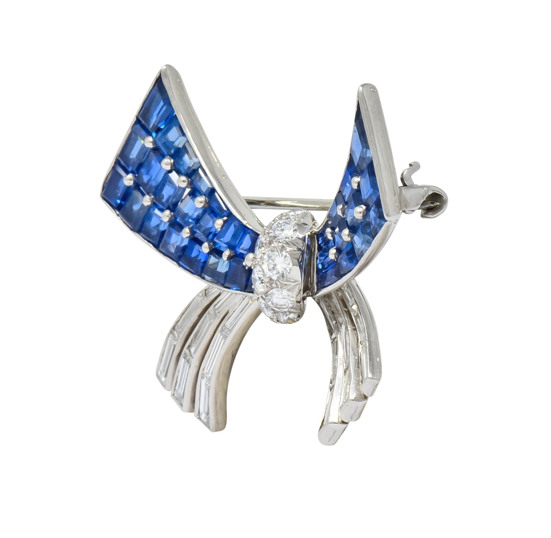 Oscar Heyman Retro 6.10 CTW Sapphire Diamond Platinum Bow Brooch - Wilson's Estate Jewelry