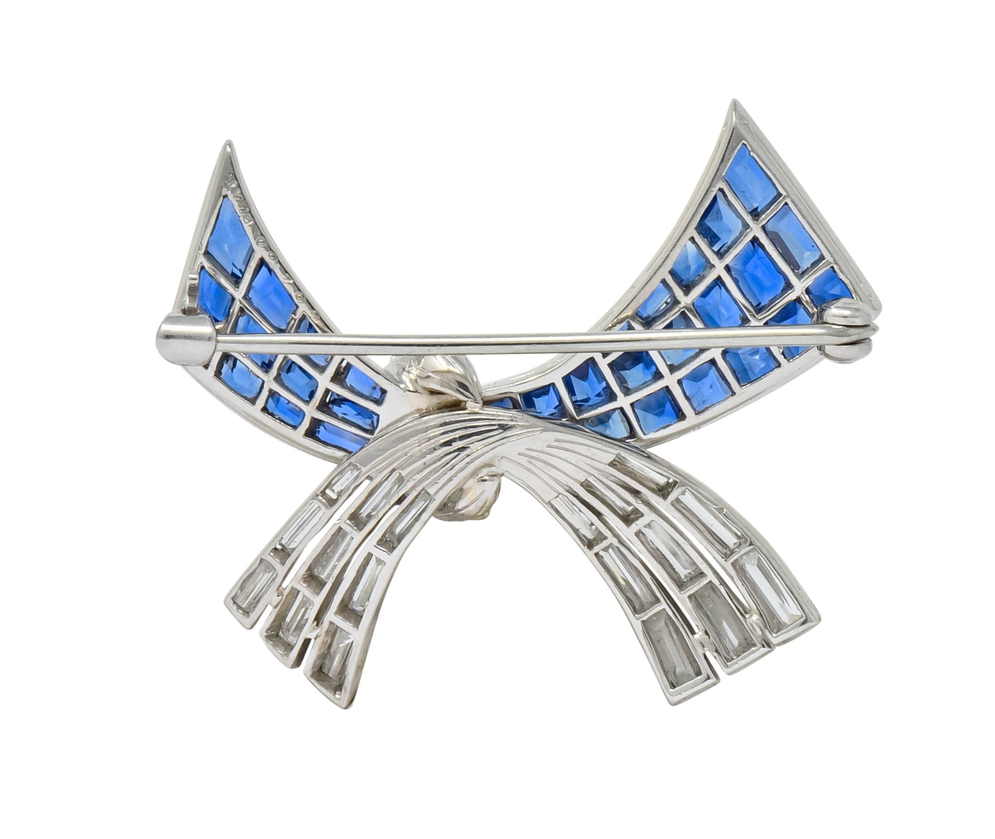 Oscar Heyman Retro 6.10 CTW Sapphire Diamond Platinum Bow Brooch - Wilson's Estate Jewelry