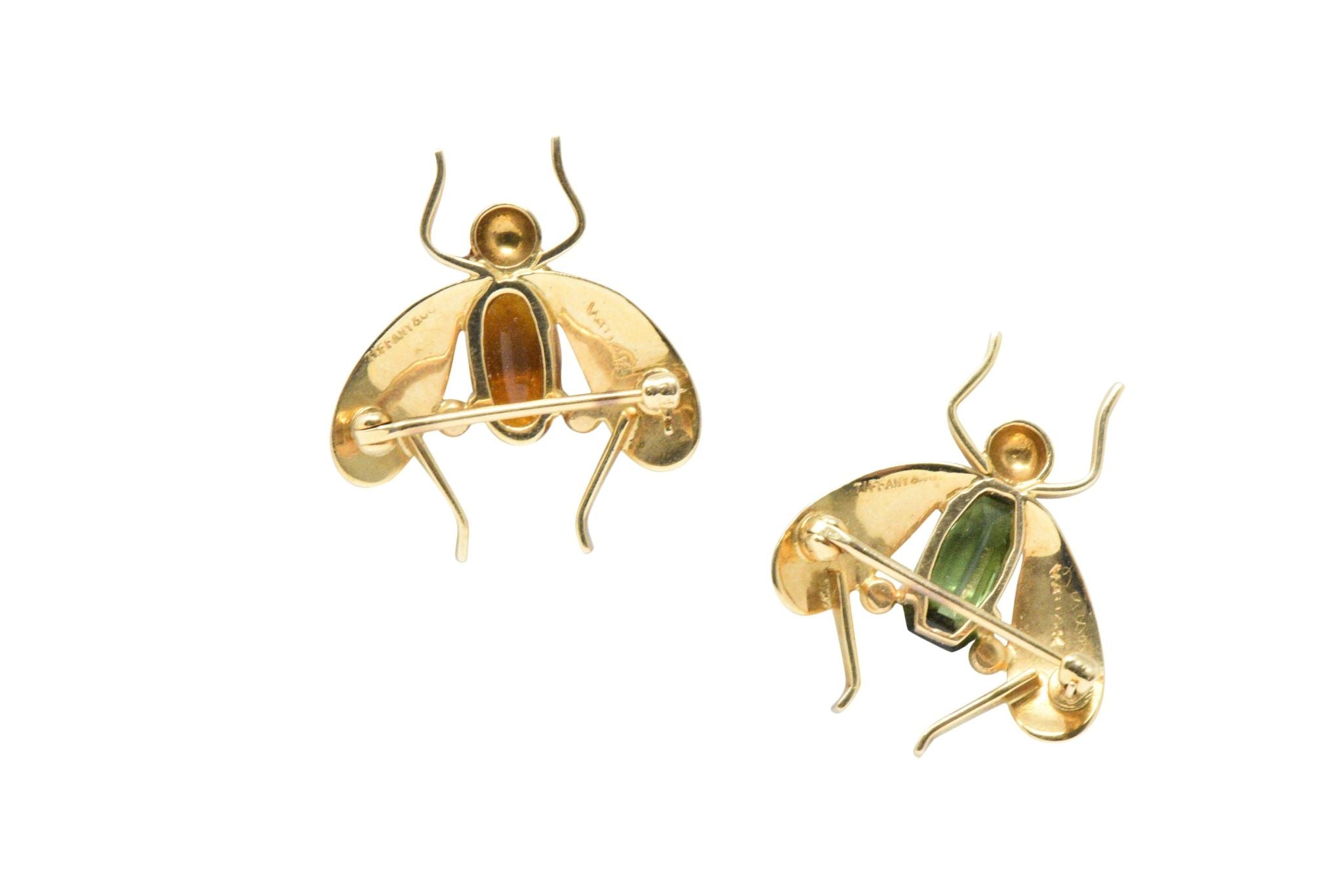 Pair of Retro Tiffany & Co. Citrine, Tourmaline & 14K Gold Bug Brooches Wilson's Estate Jewelry