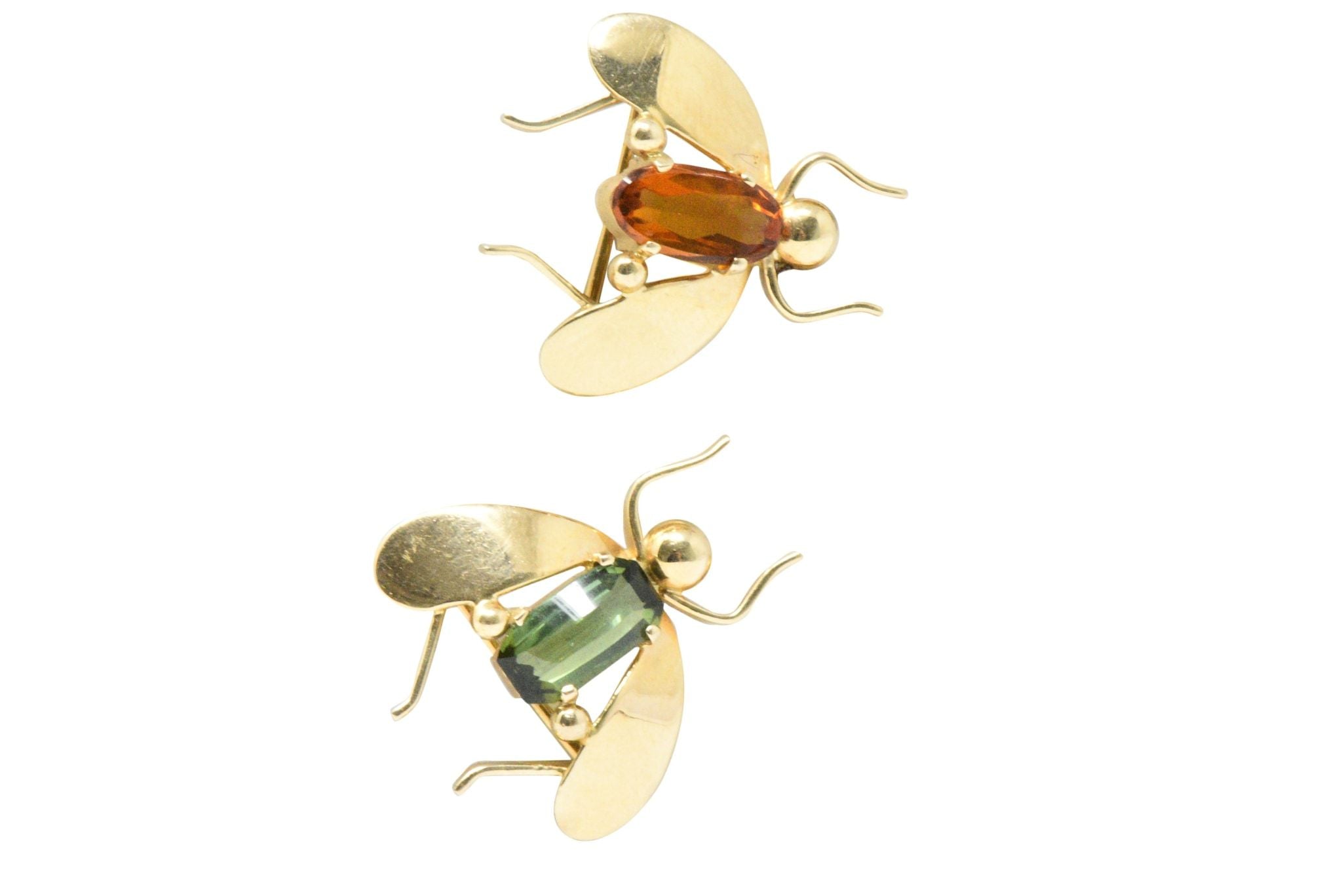 Pair of Retro Tiffany & Co. Citrine, Tourmaline & 14K Gold Bug Brooches Wilson's Estate Jewelry