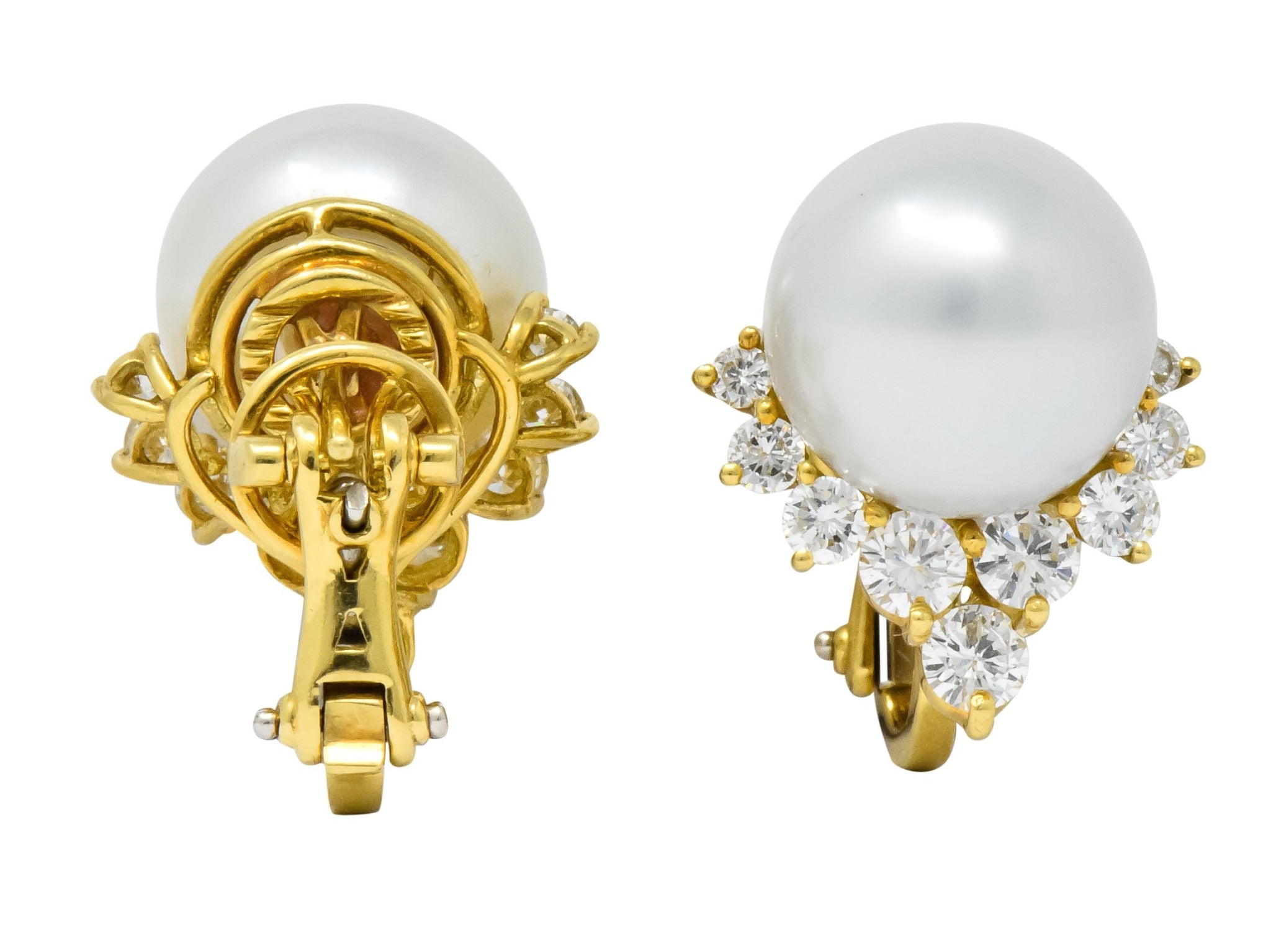 Retro 0.76 CTW Diamond Cultured South Sea Pearl 18 Karat Gold Earrings - Wilson's Estate Jewelry