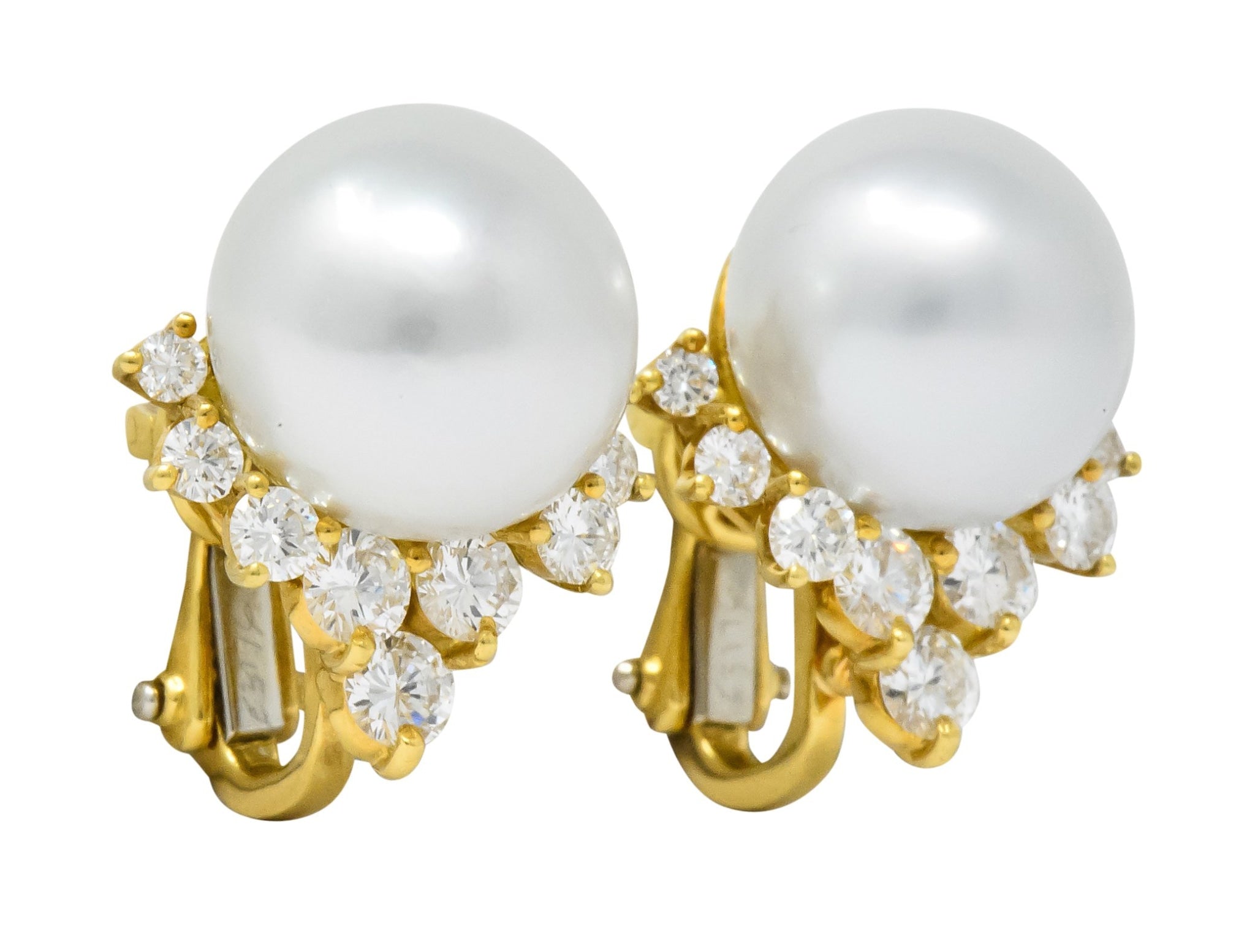 Retro 0.76 CTW Diamond Cultured South Sea Pearl 18 Karat Gold Earrings - Wilson's Estate Jewelry