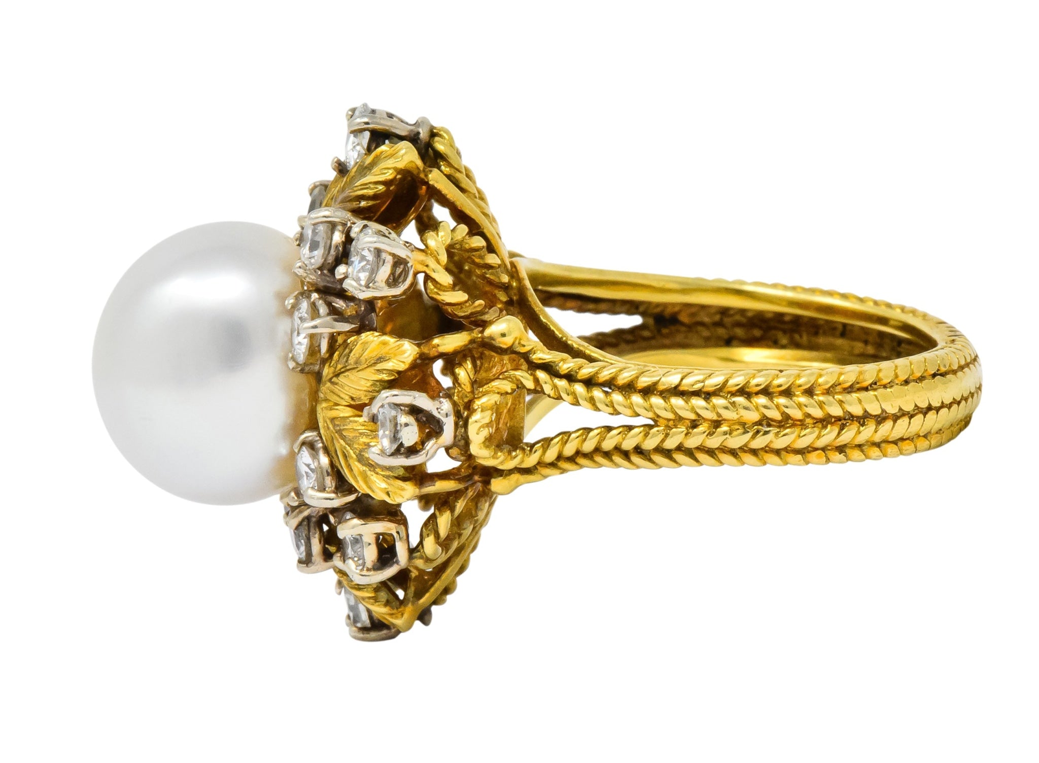 Retro 0.95 CTW Diamond South Sea Pearl 18 Karat Gold Cluster Ring - Wilson's Estate Jewelry