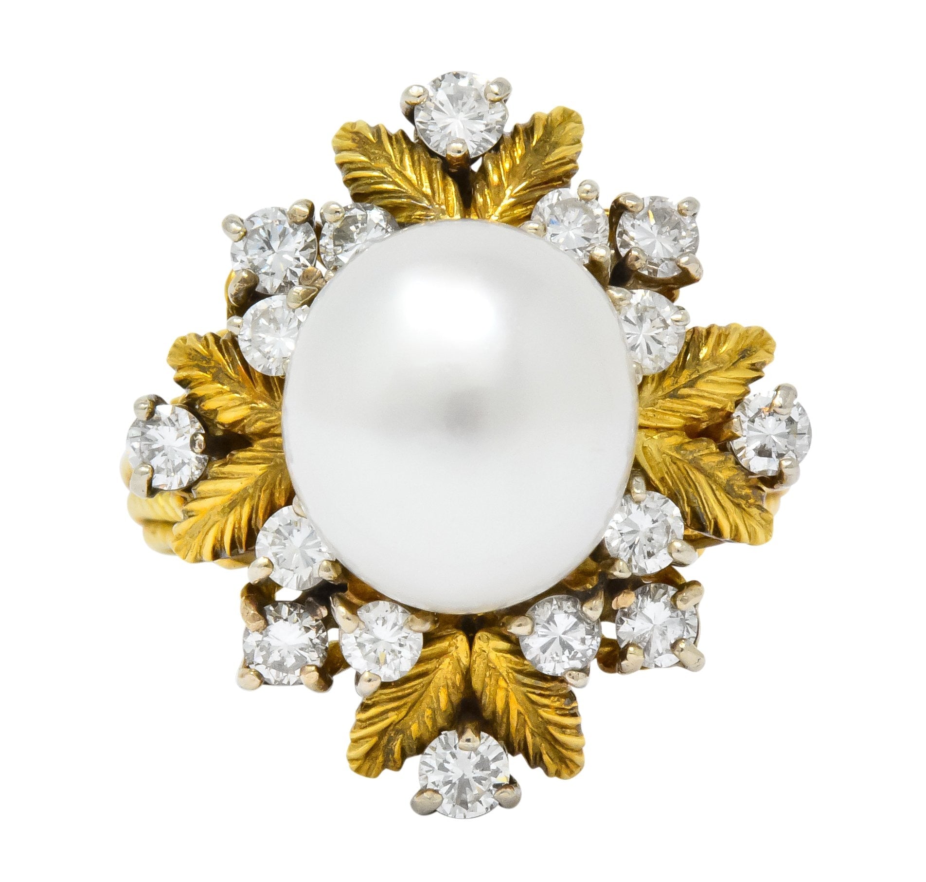 Retro 0.95 CTW Diamond South Sea Pearl 18 Karat Gold Cluster Ring - Wilson's Estate Jewelry