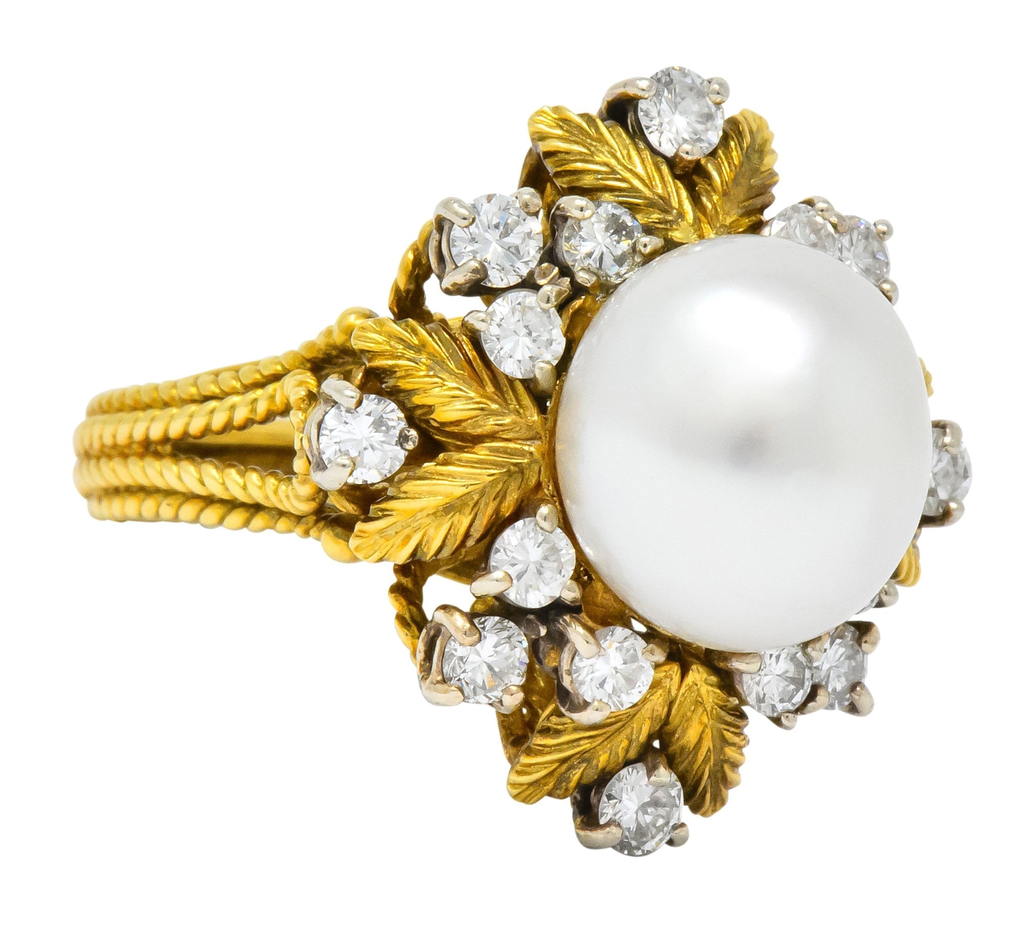 Retro 0.95 CTW Diamond South Sea Pearl 18 Karat Gold Cluster Ring - Wilson's Estate Jewelry