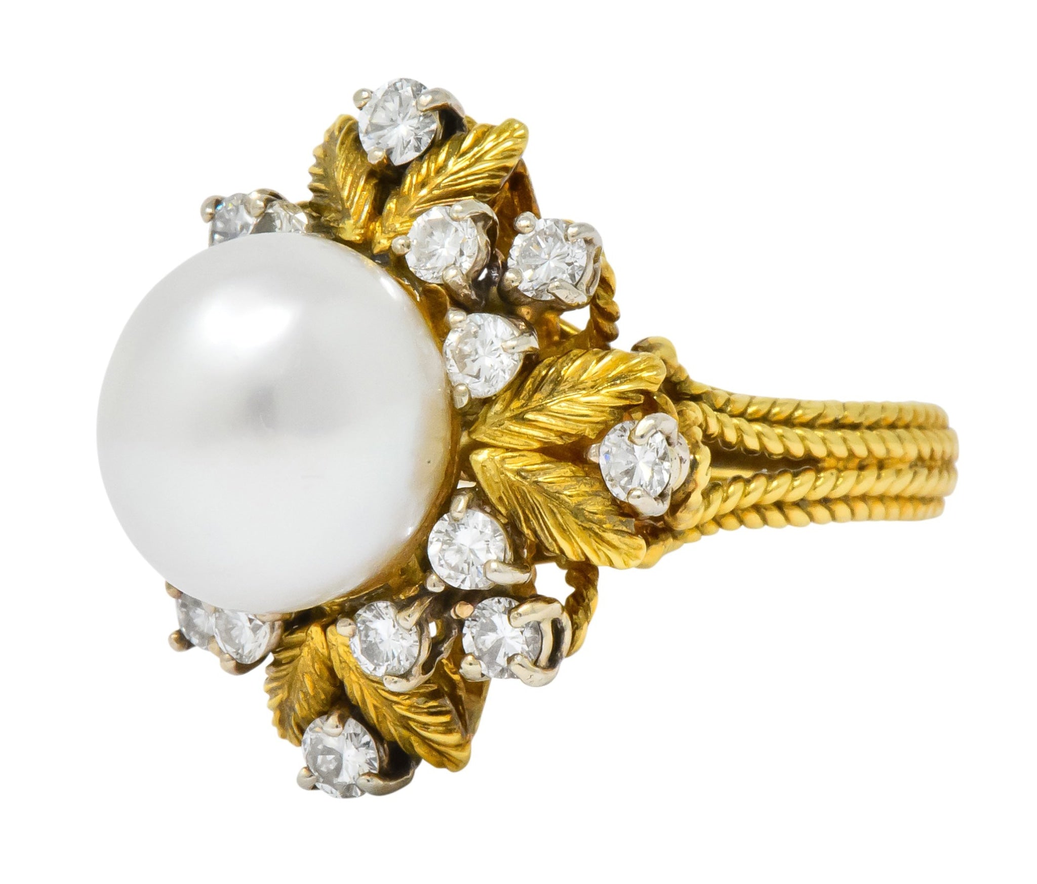 Retro 0.95 CTW Diamond South Sea Pearl 18 Karat Gold Cluster Ring - Wilson's Estate Jewelry