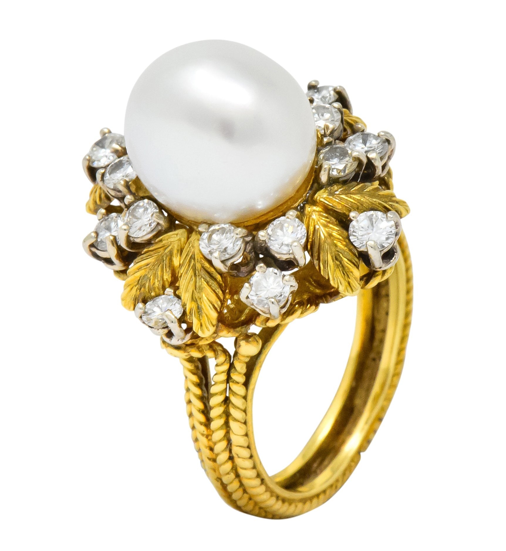 Retro 0.95 CTW Diamond South Sea Pearl 18 Karat Gold Cluster Ring - Wilson's Estate Jewelry