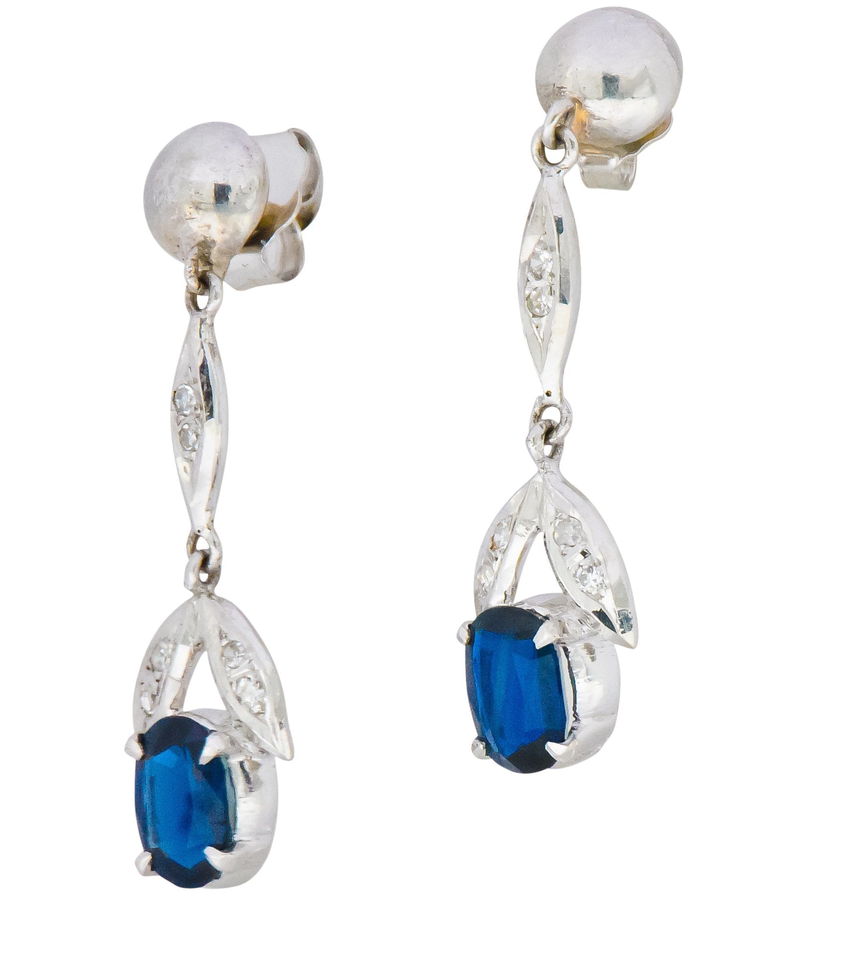 Retro 1.80 CTW No Heat Sapphire Diamond 14 Karat White Gold Drop Earrings GIA Wilson's Estate Jewelry