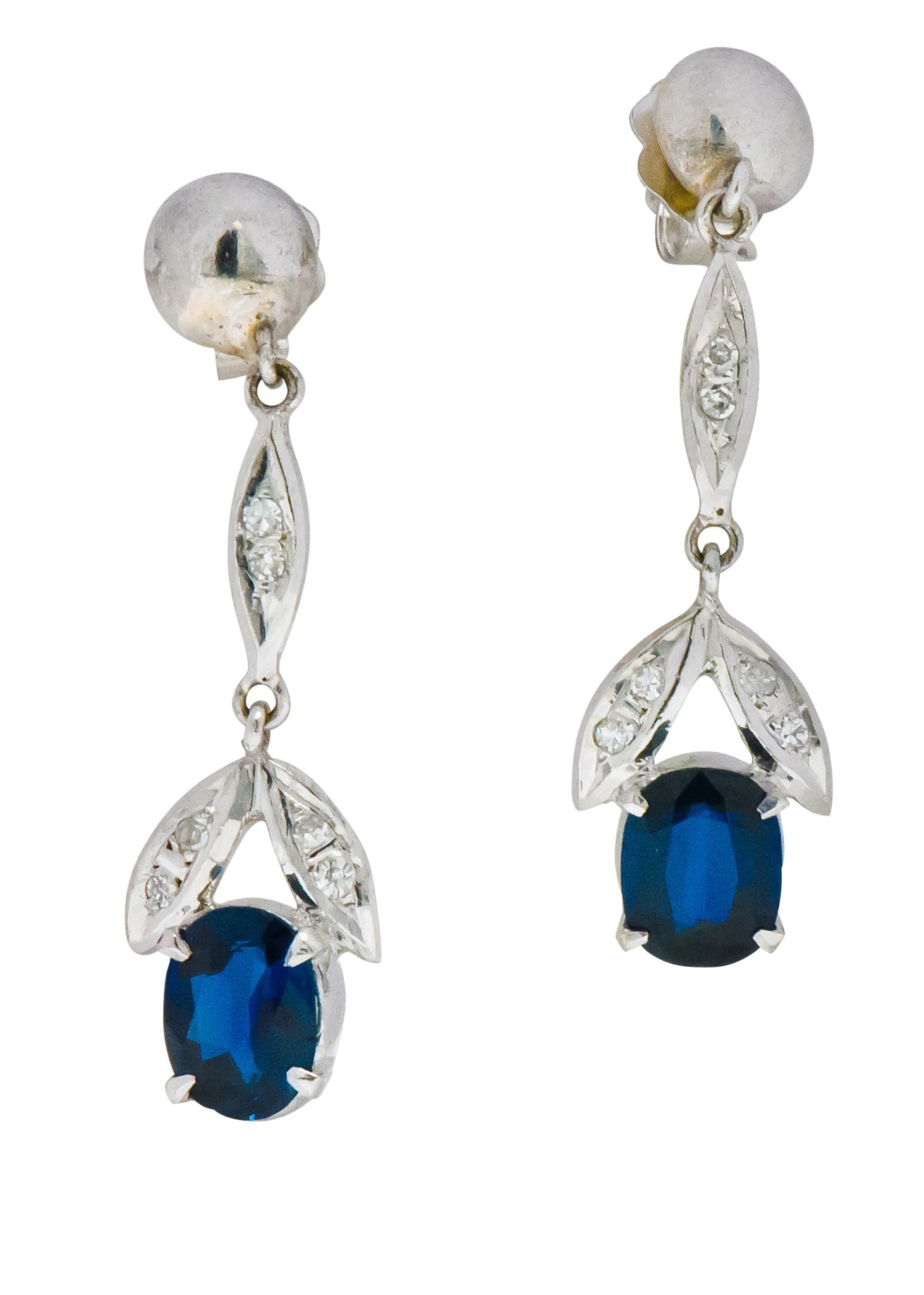 Retro 1.80 CTW No Heat Sapphire Diamond 14 Karat White Gold Drop Earrings GIA Wilson's Estate Jewelry