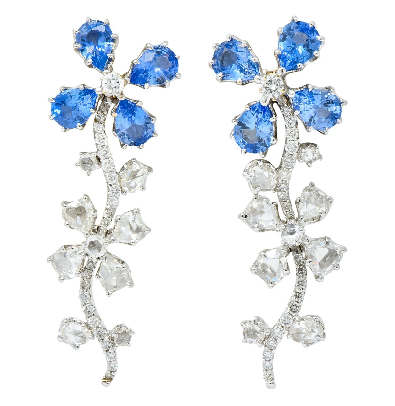 Retro 11.52 CTW Diamond Sapphire Platinum Articulated Flower Earrings - Wilson's Estate Jewelry