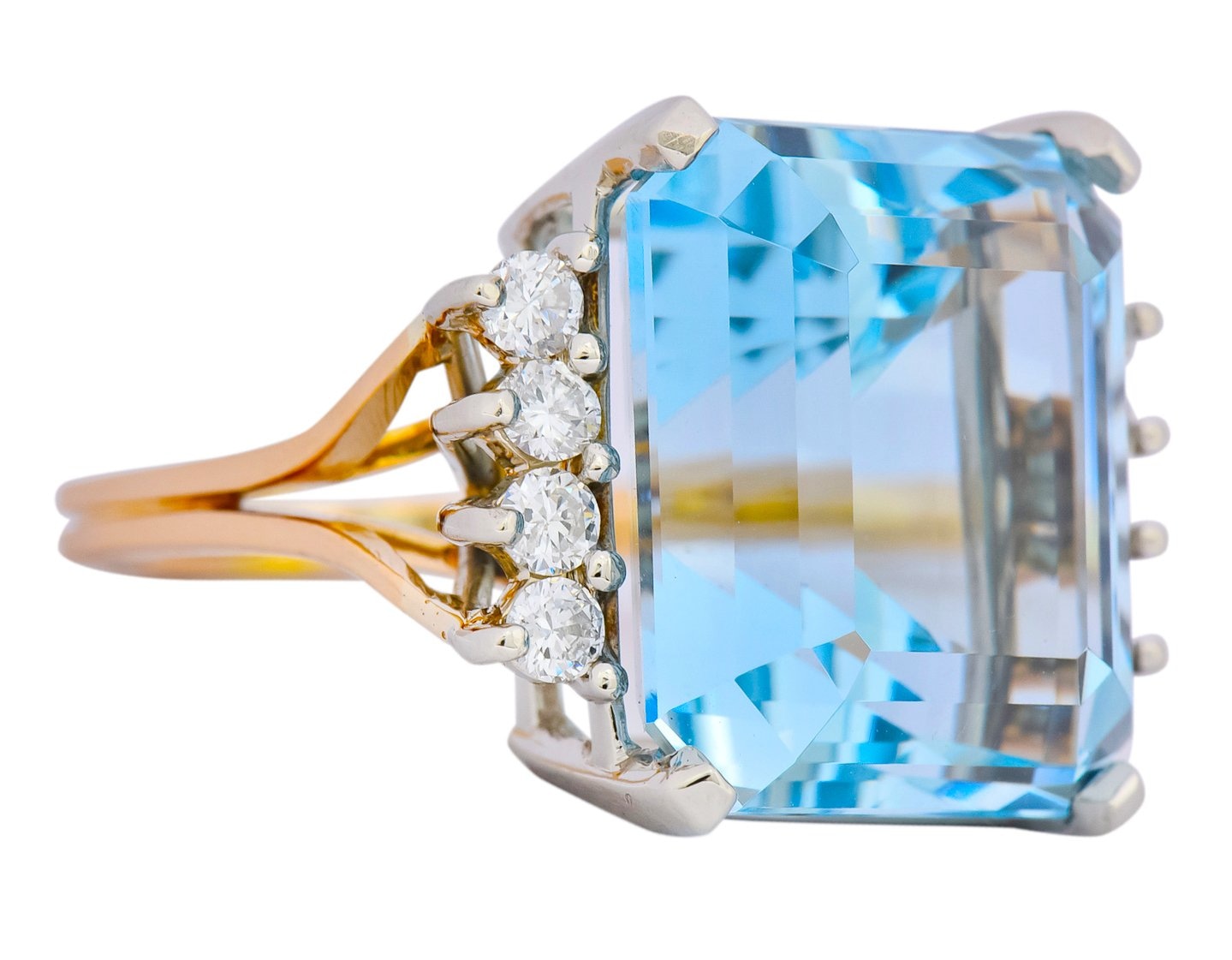 Retro 16.78 CTW Aquamarine Diamond 18 Karat Two-Tone Gold Cocktail Ring - Wilson's Estate Jewelry