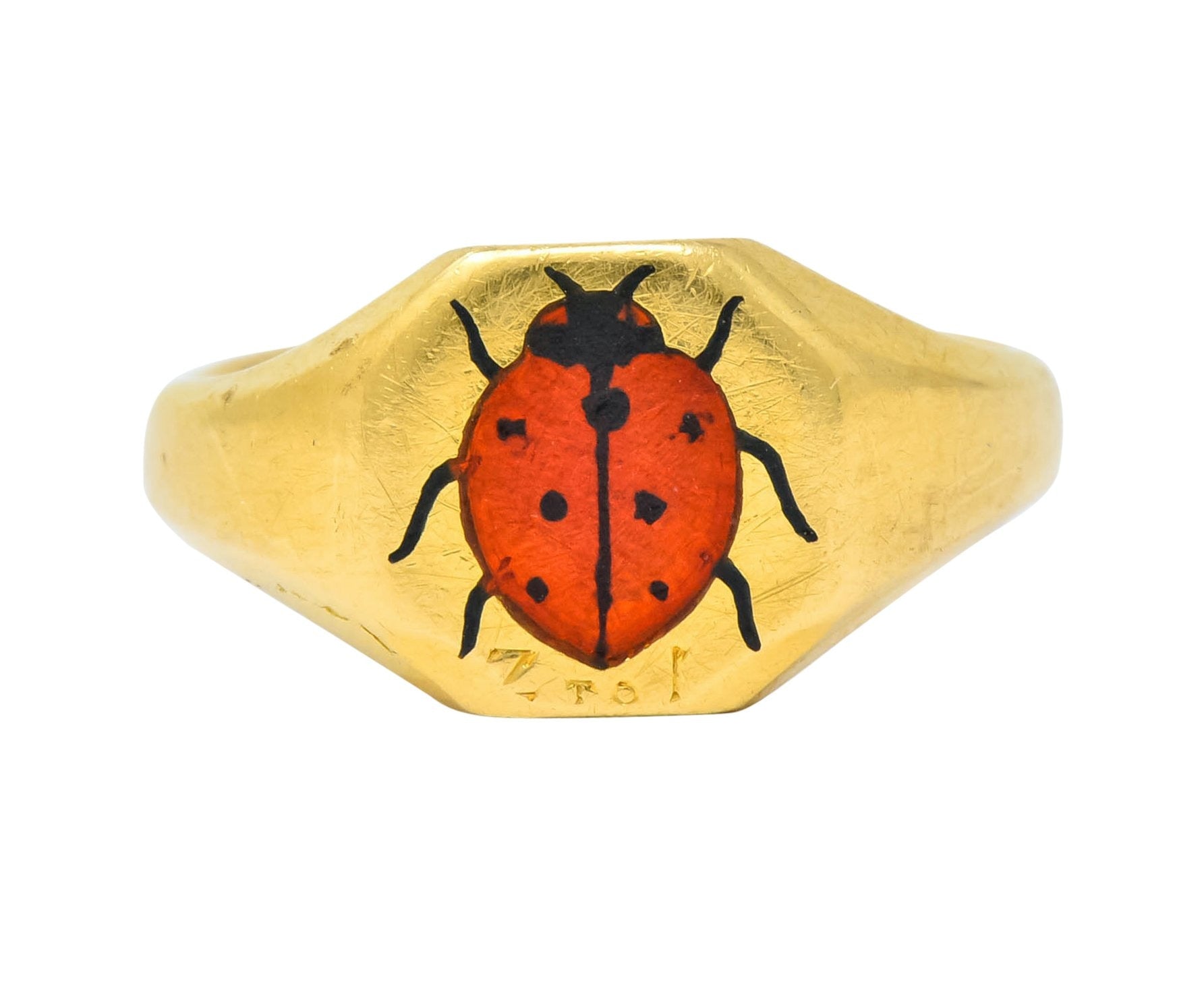 Retro 1938 Enamel 18 Karat Gold Ladybug Signet Pinky Ring - Wilson's Estate Jewelry